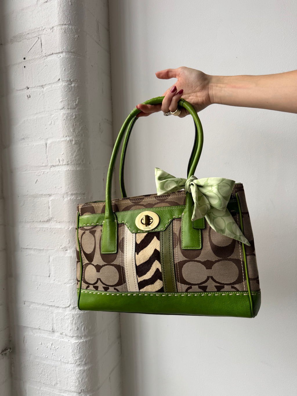 Vintage Y2K coach monogram green leather shoulder bag zebra print
