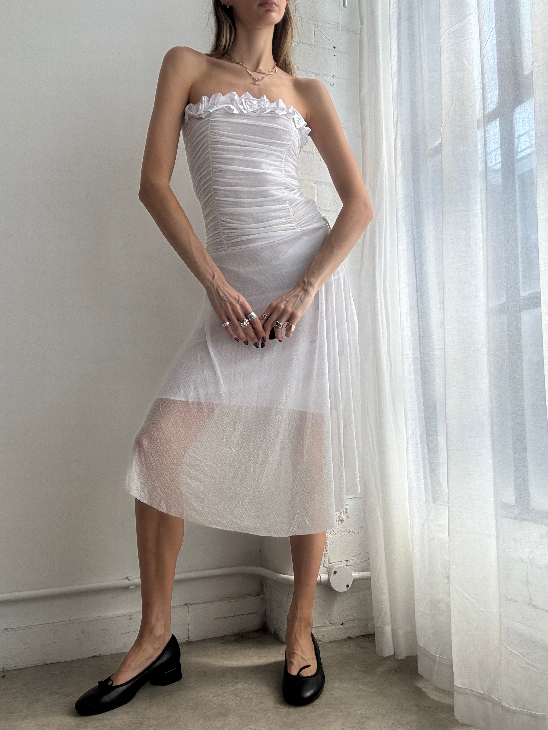Vintage Y2K white ruched strapless mesh midi dress - Size XS
