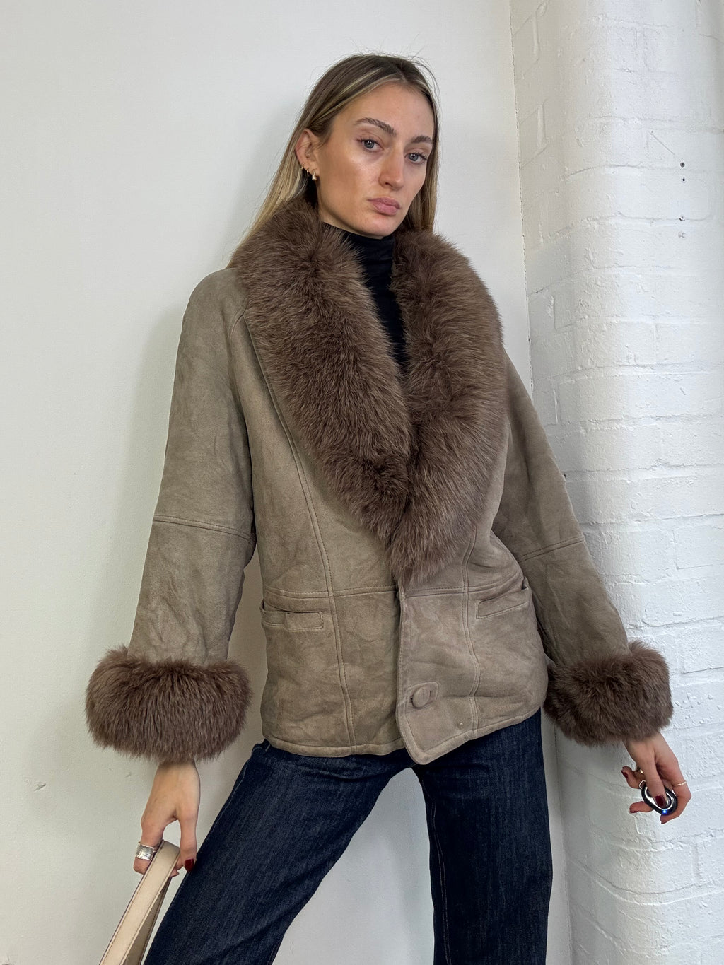 Vintage 90s sheepskin coat with fox fur trim