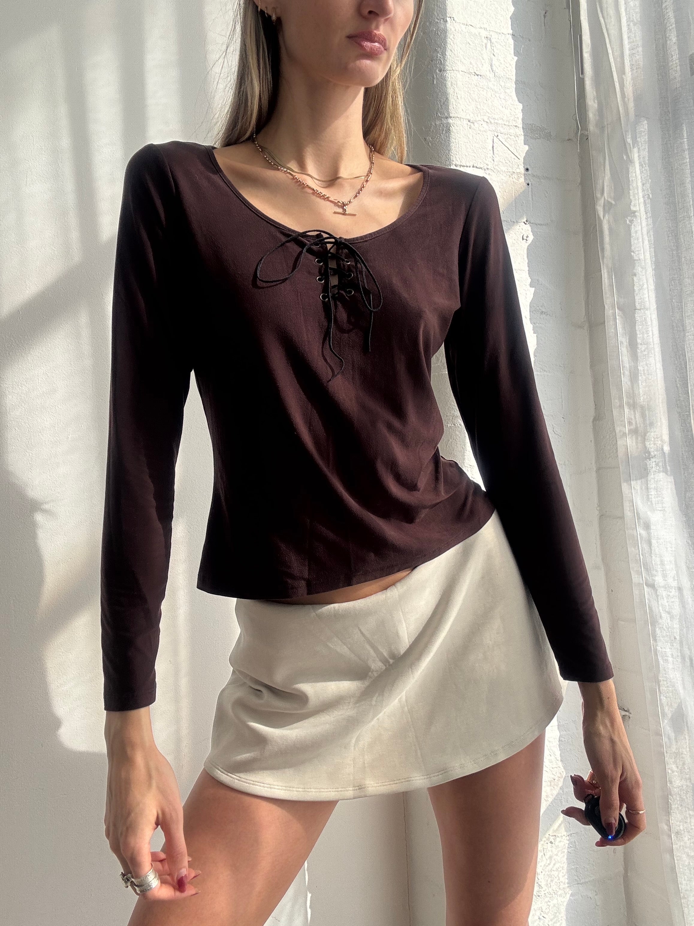 Vintage Y2K chocolate brown lace-up long sleeve top