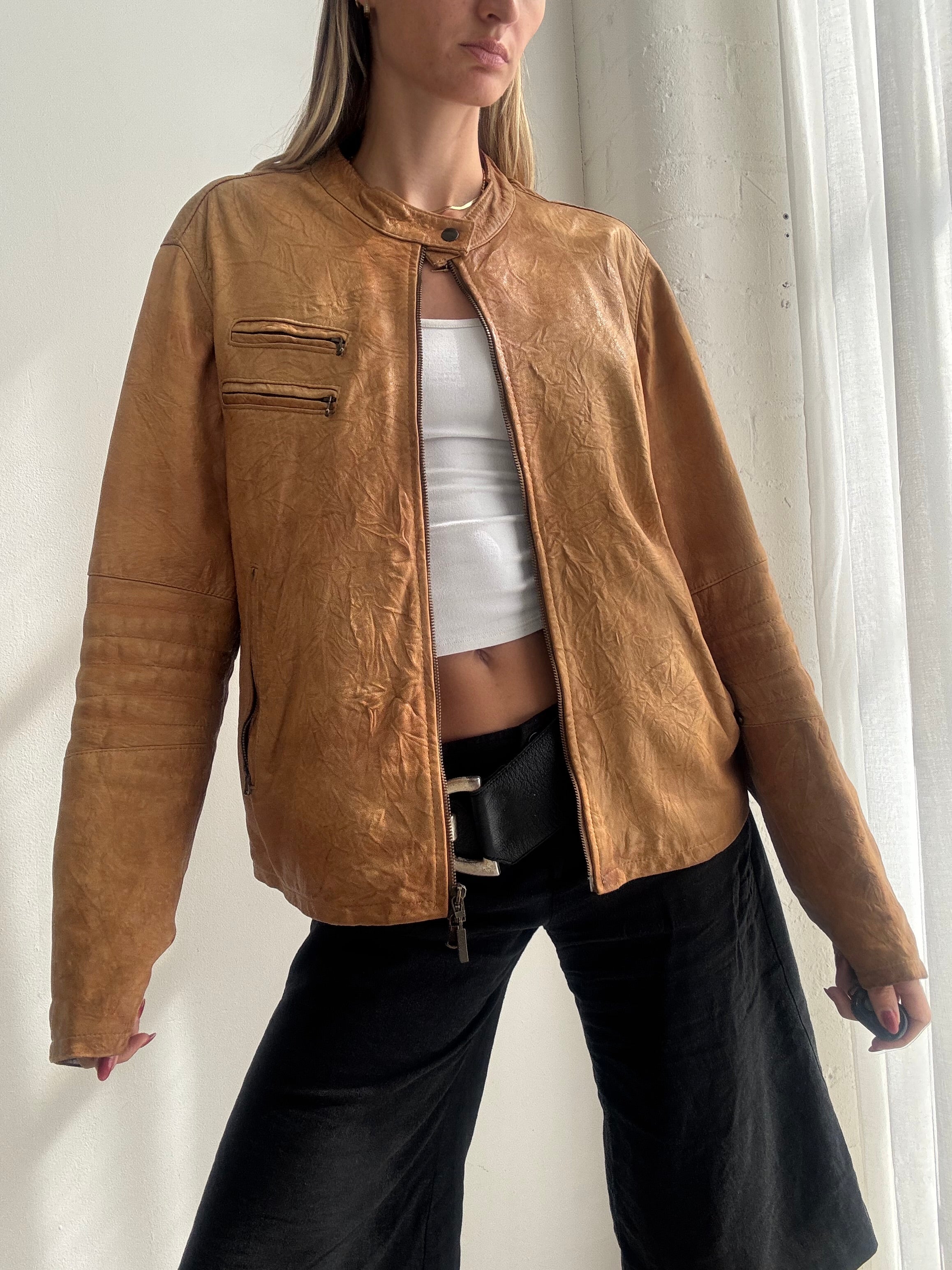 Vintage Y2K Tan Brown Leather Biker Jacket - Size L