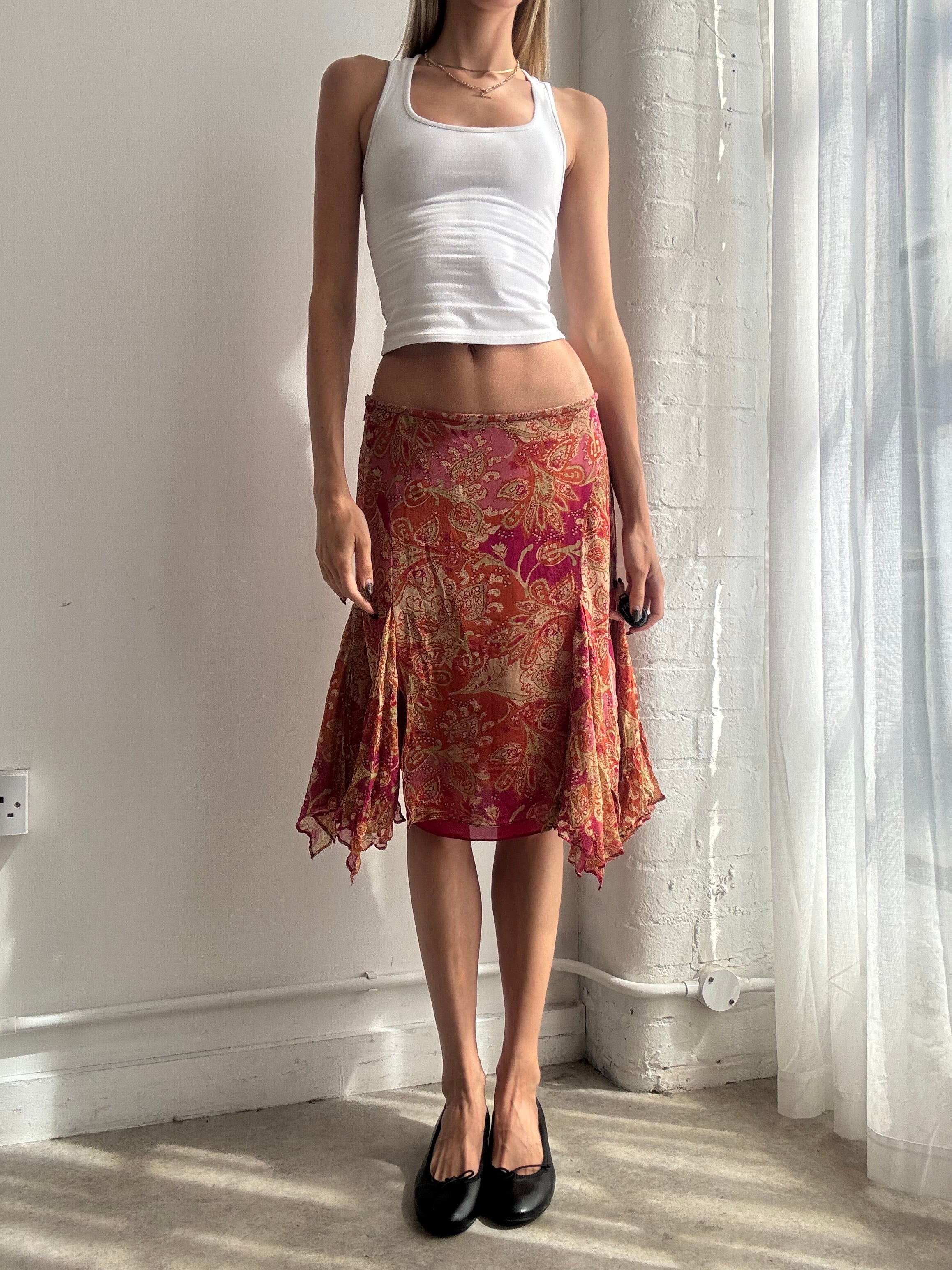 Vintage Y2K 100% silk paisley handkerchief midi skirt - Size S