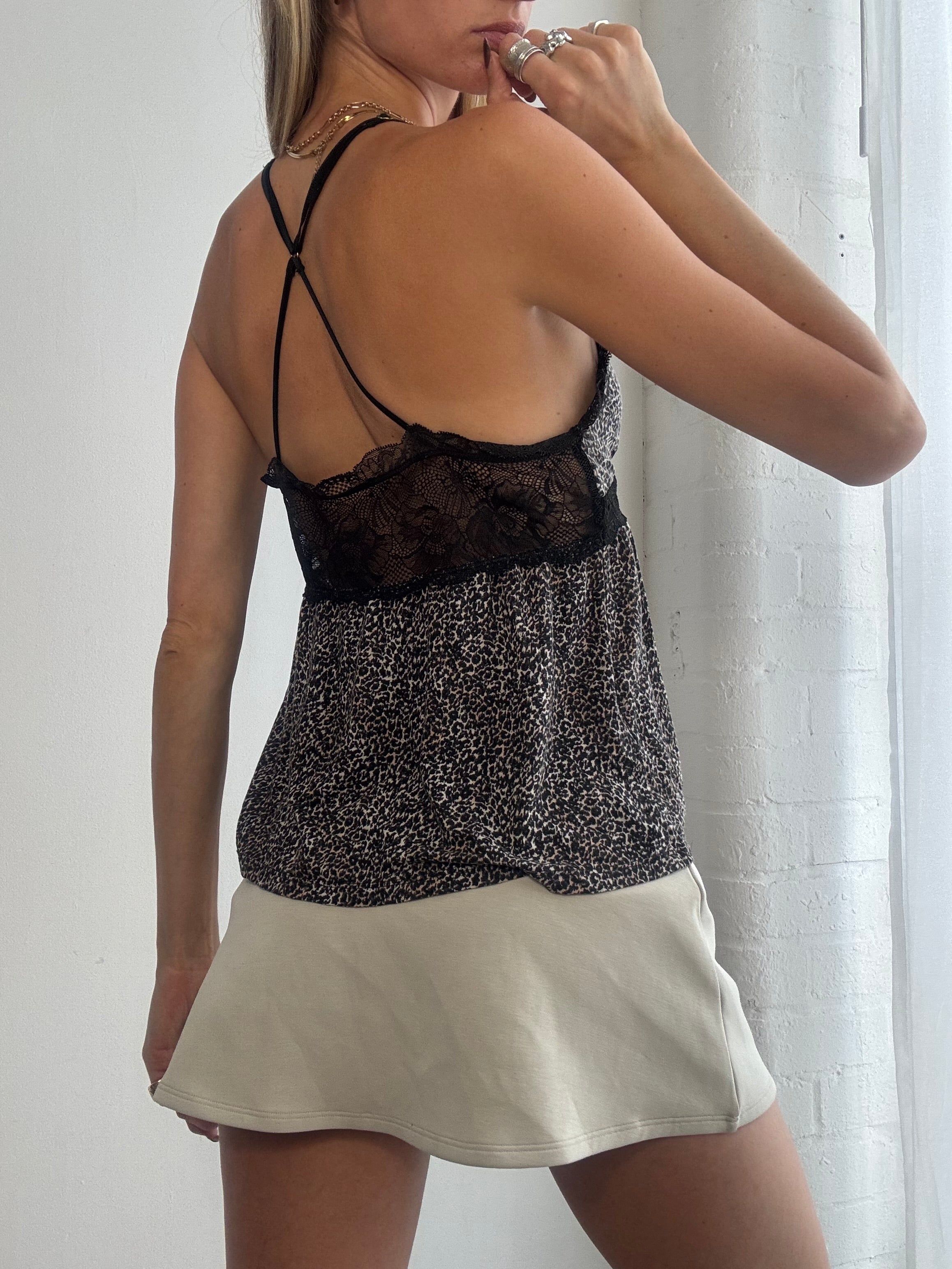 Vintage Y2K leopard print lace trim babydoll cami - Size S