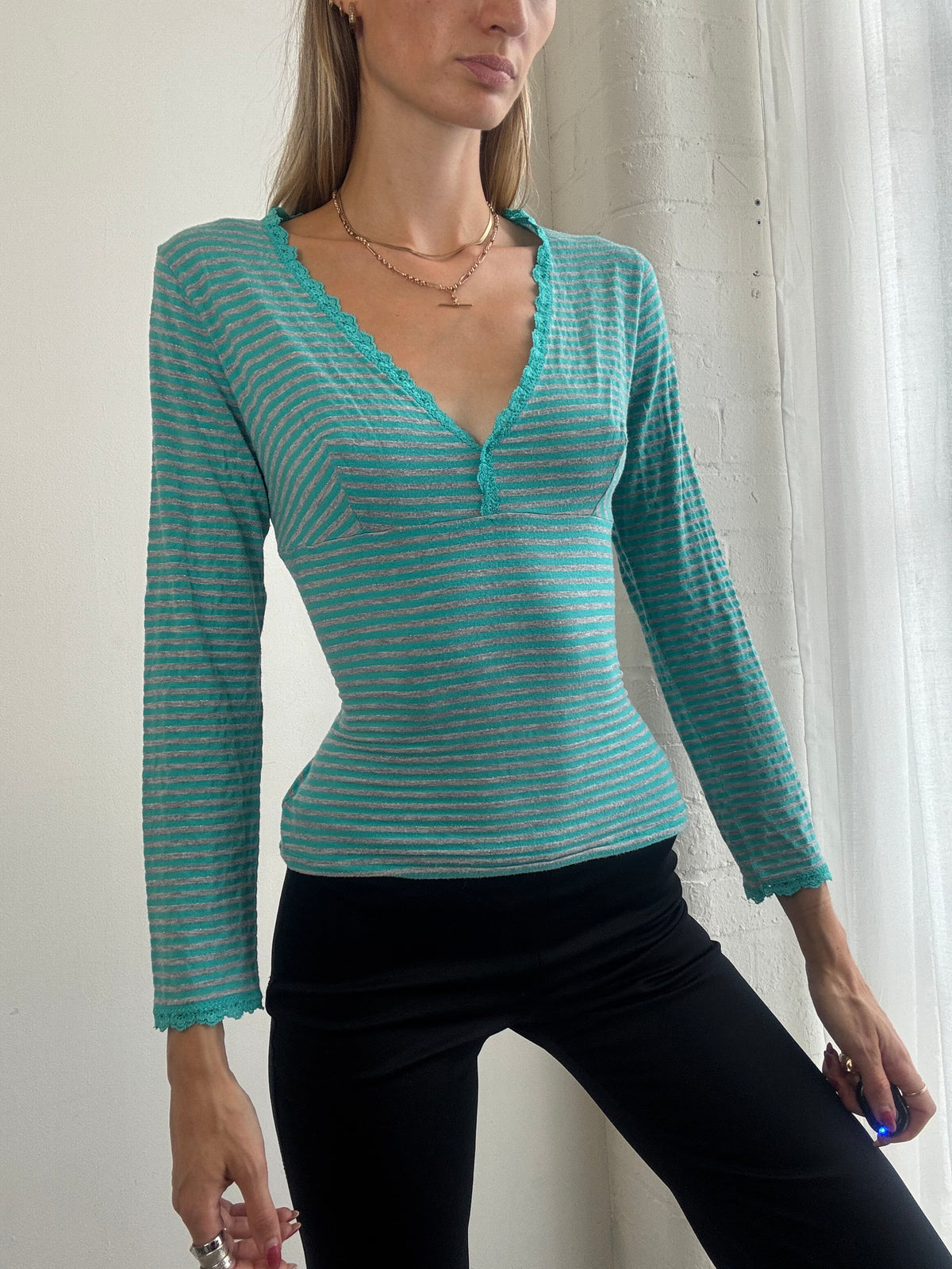 Vintage Y2K Turquoise Striped Lace Trim V Neck Top - Size M