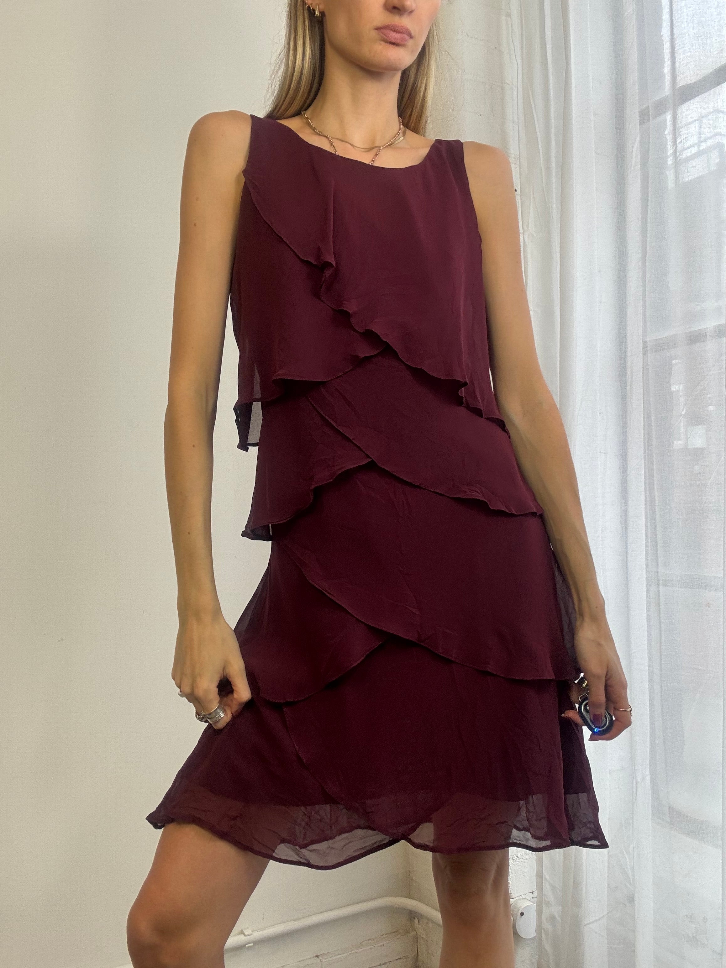 Vintage Y2k Burgundy Mesh Ruffle Mini Dress