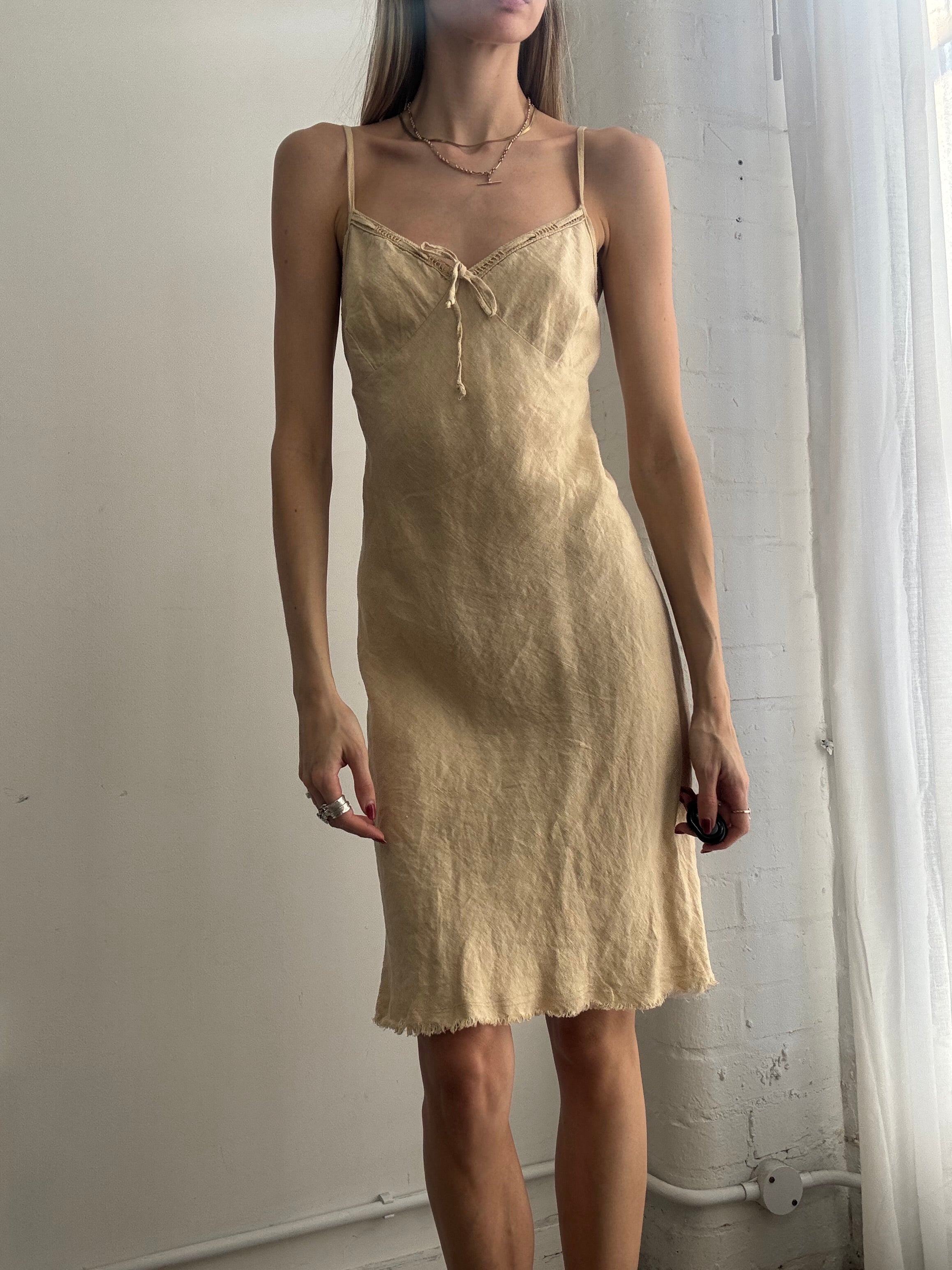 Vintage Y2K cream linen slip midi dress