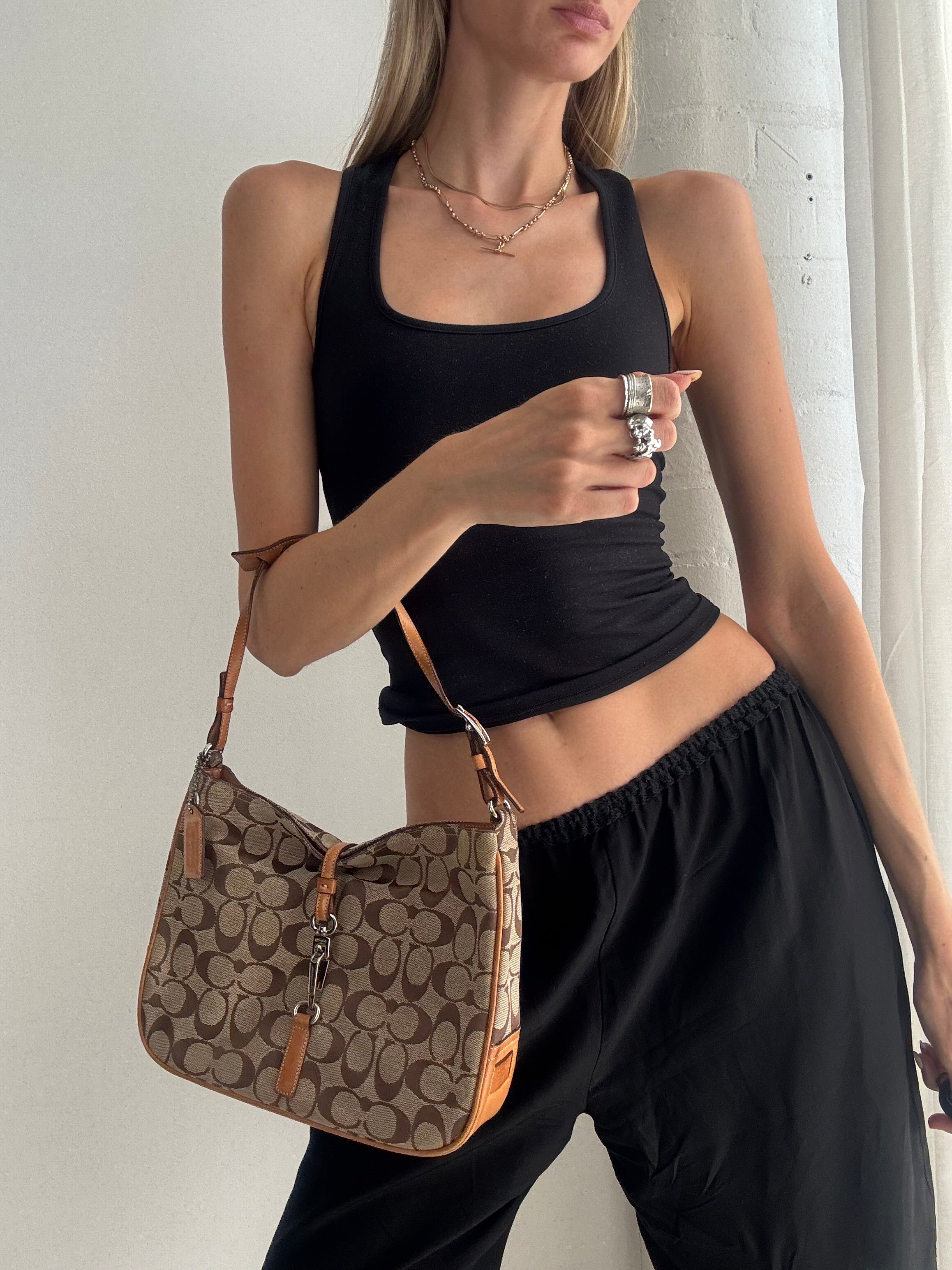 Vintage Y2K Coach Signature Shoulder Bag – Brown Monogram Canvas & Tan Leather