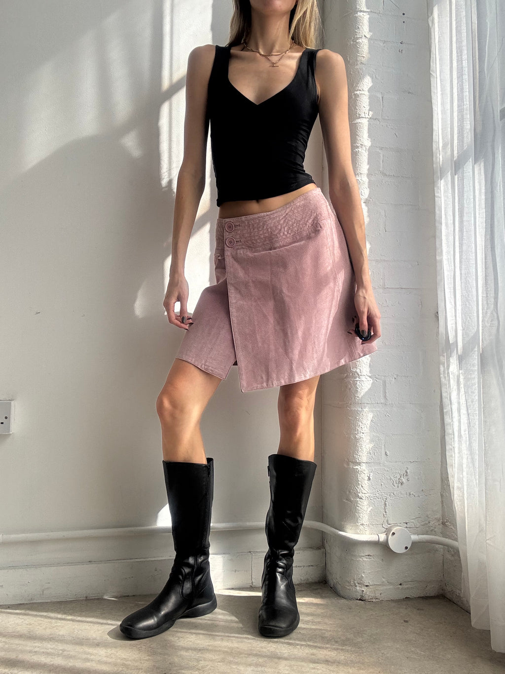Vintage Y2K pink suede wrap midi skirt