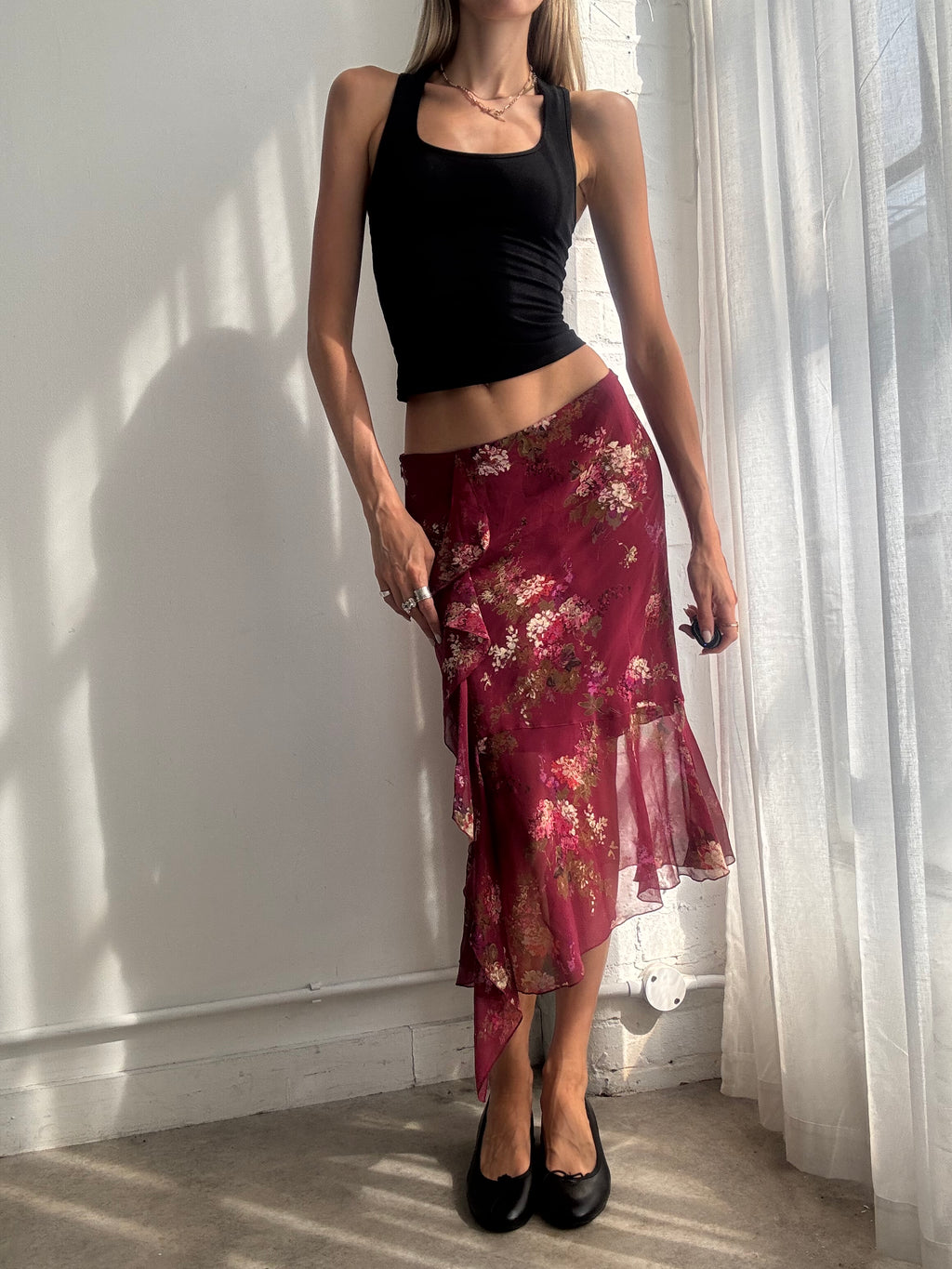 Vintage Y2K Burgundy 100% Silk Floral Asymmetric Midi Skirt - Size S