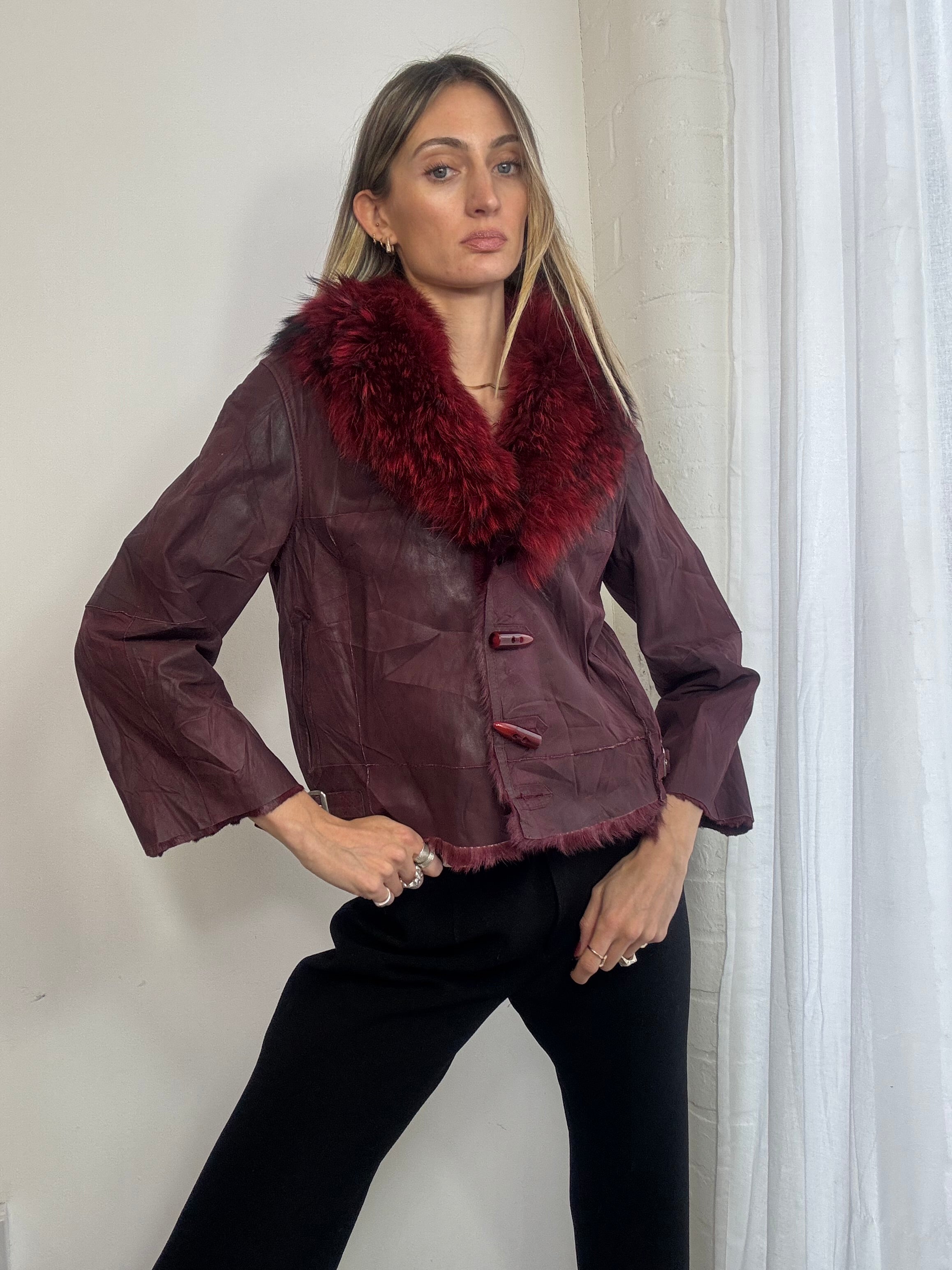 Vintage Y2K distressed red leather jacket with genuine fur trim