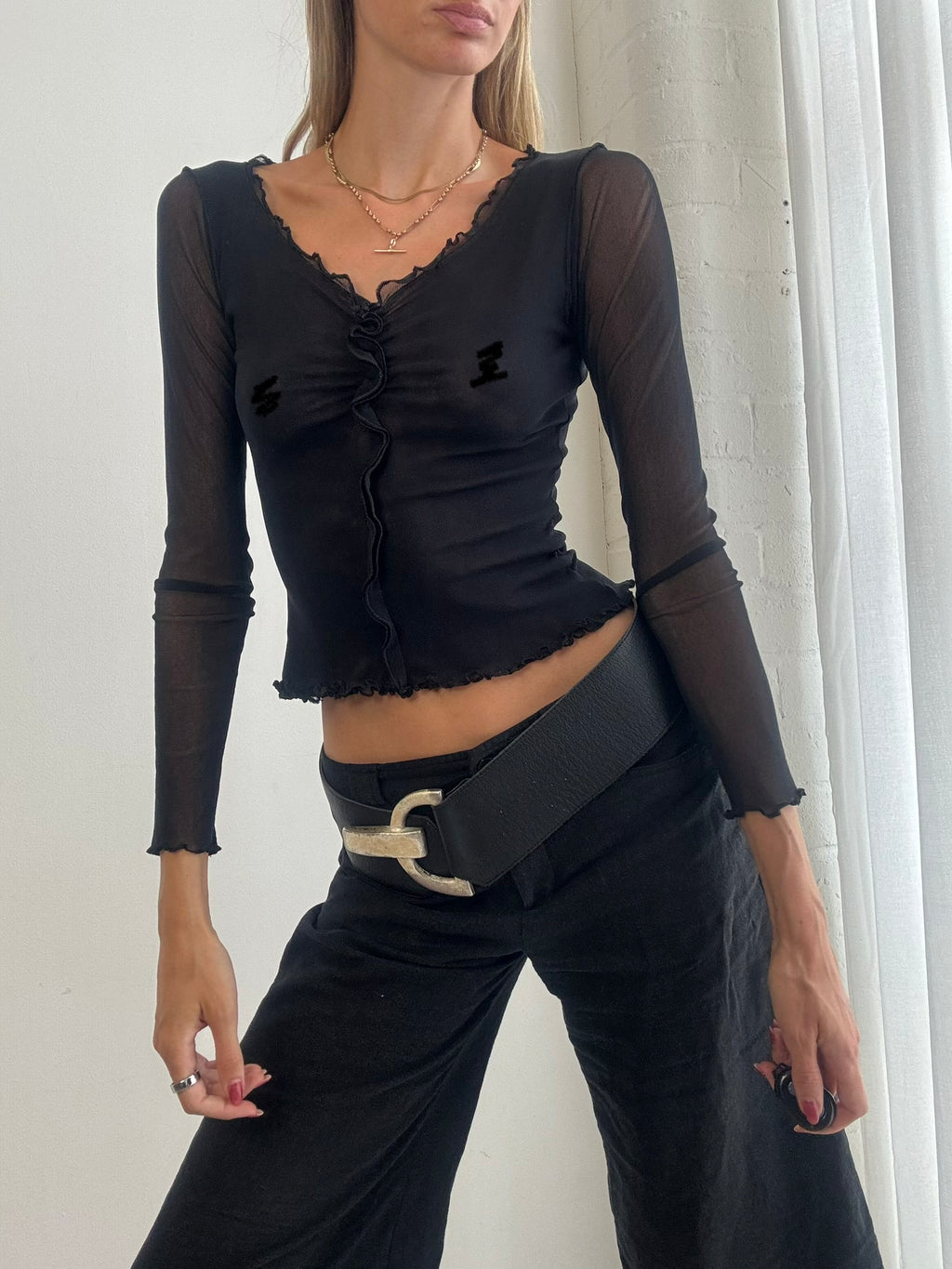 Vintage Y2K Black Sheer Mesh Ruffle Top – Size XS