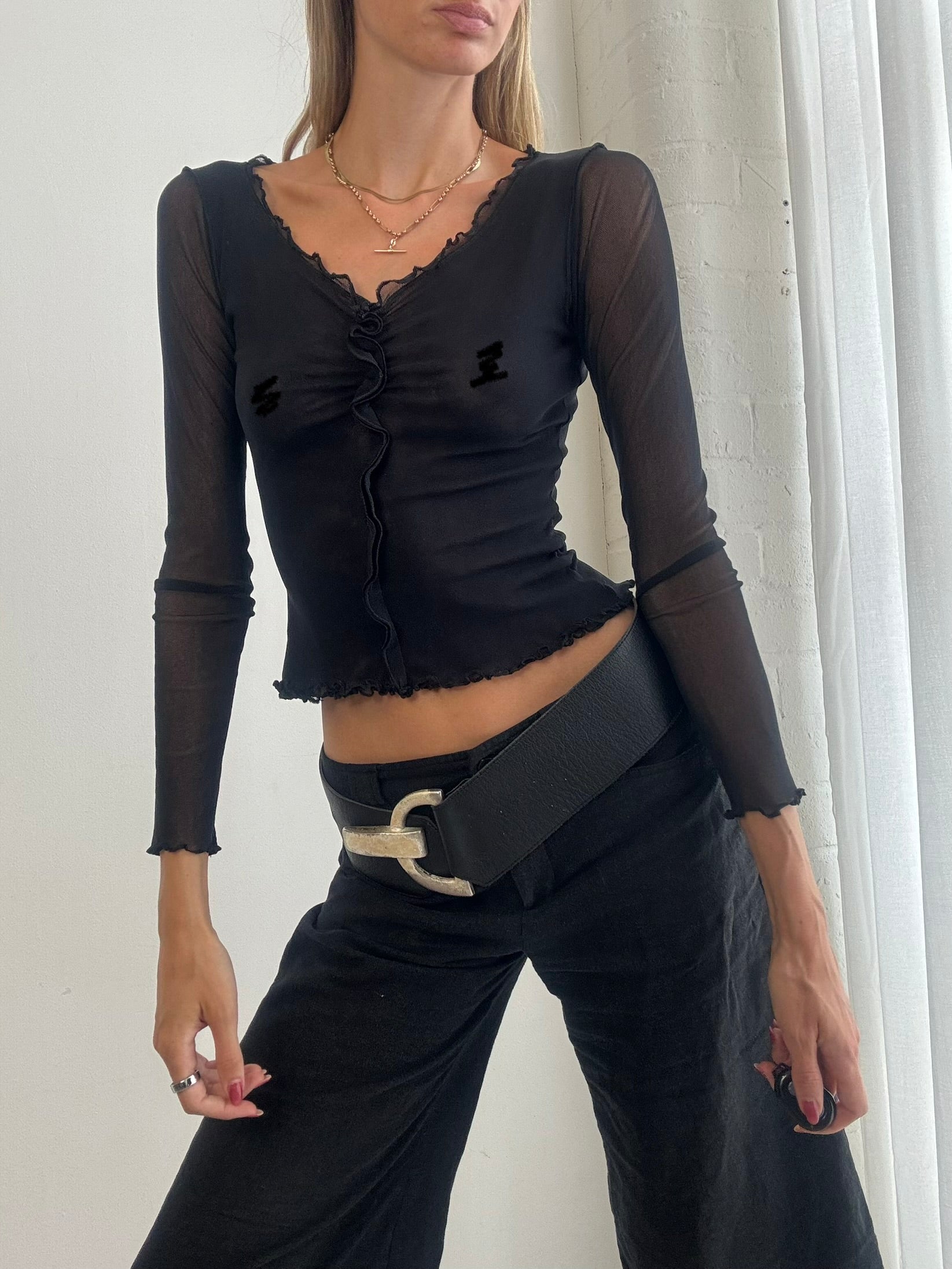 Vintage Y2K Black Sheer Mesh Ruffle Top – Size XS