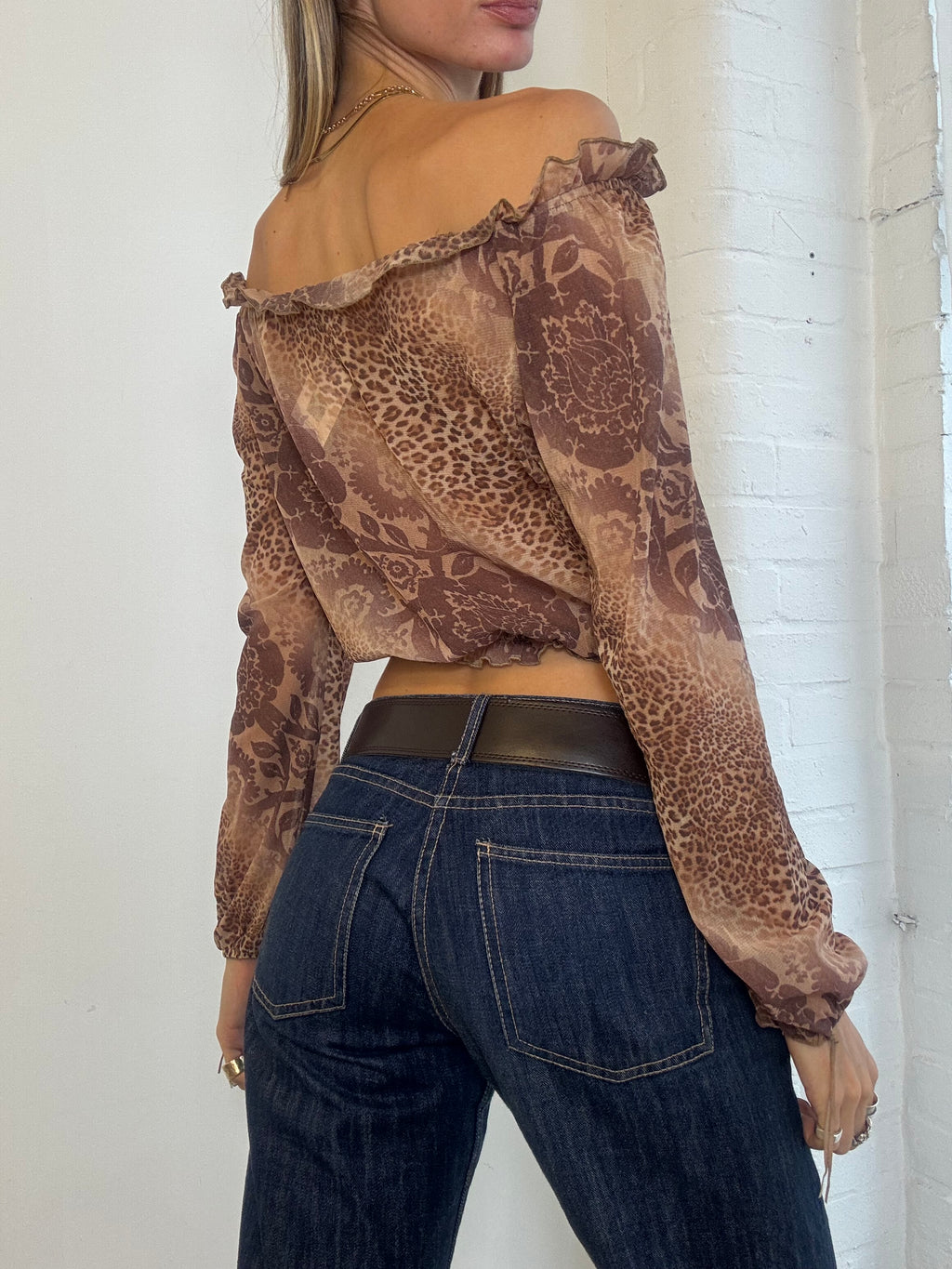 Vintage Y2K Etam Brown Leopard & Floral Mesh Bardot Top - Size S