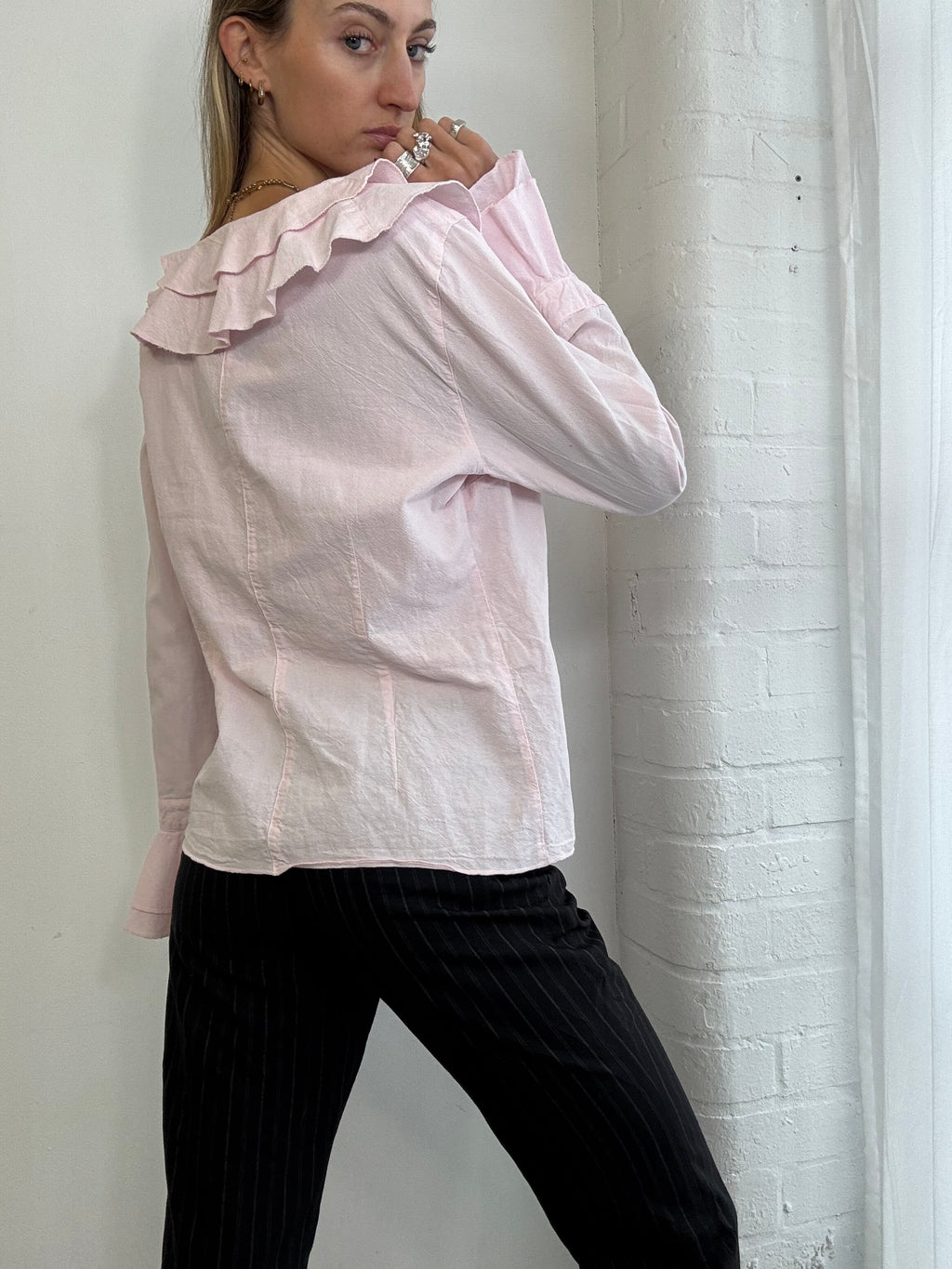 Vintage 90s pink linen ruffle blouse