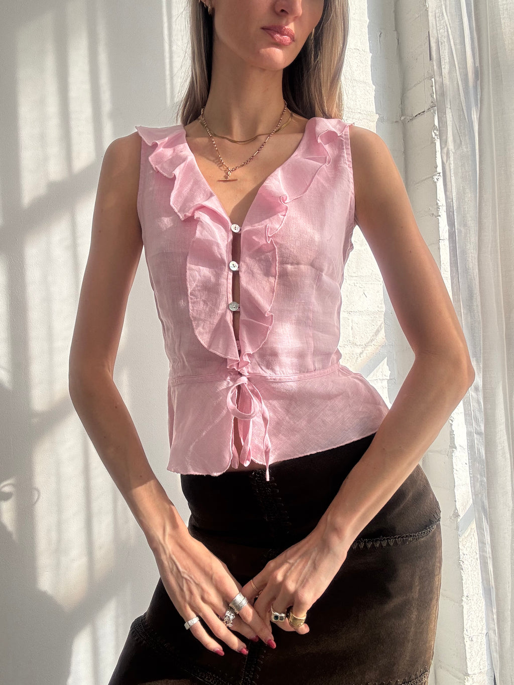 Vintage Y2K pink ruffle front sleeveless blouse