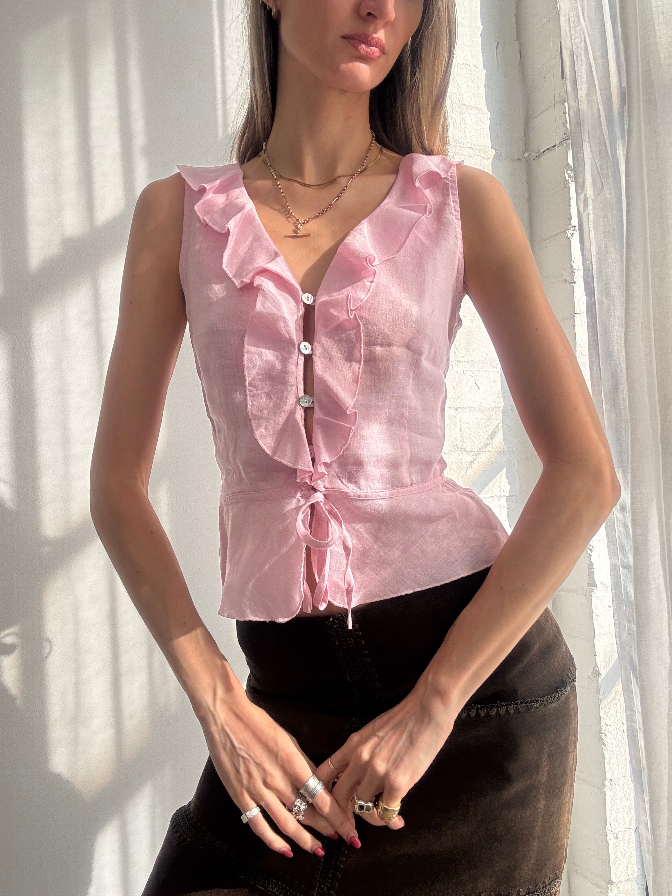 Vintage Y2K pink ruffle front sleeveless blouse