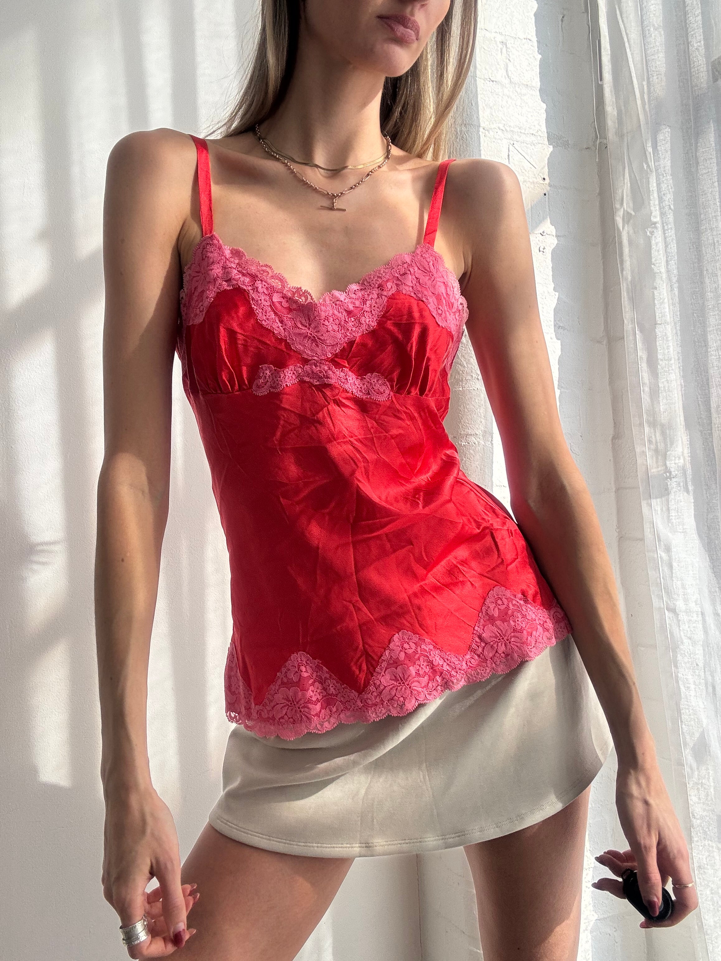 Vintage Y2K red & pink lace cami top
