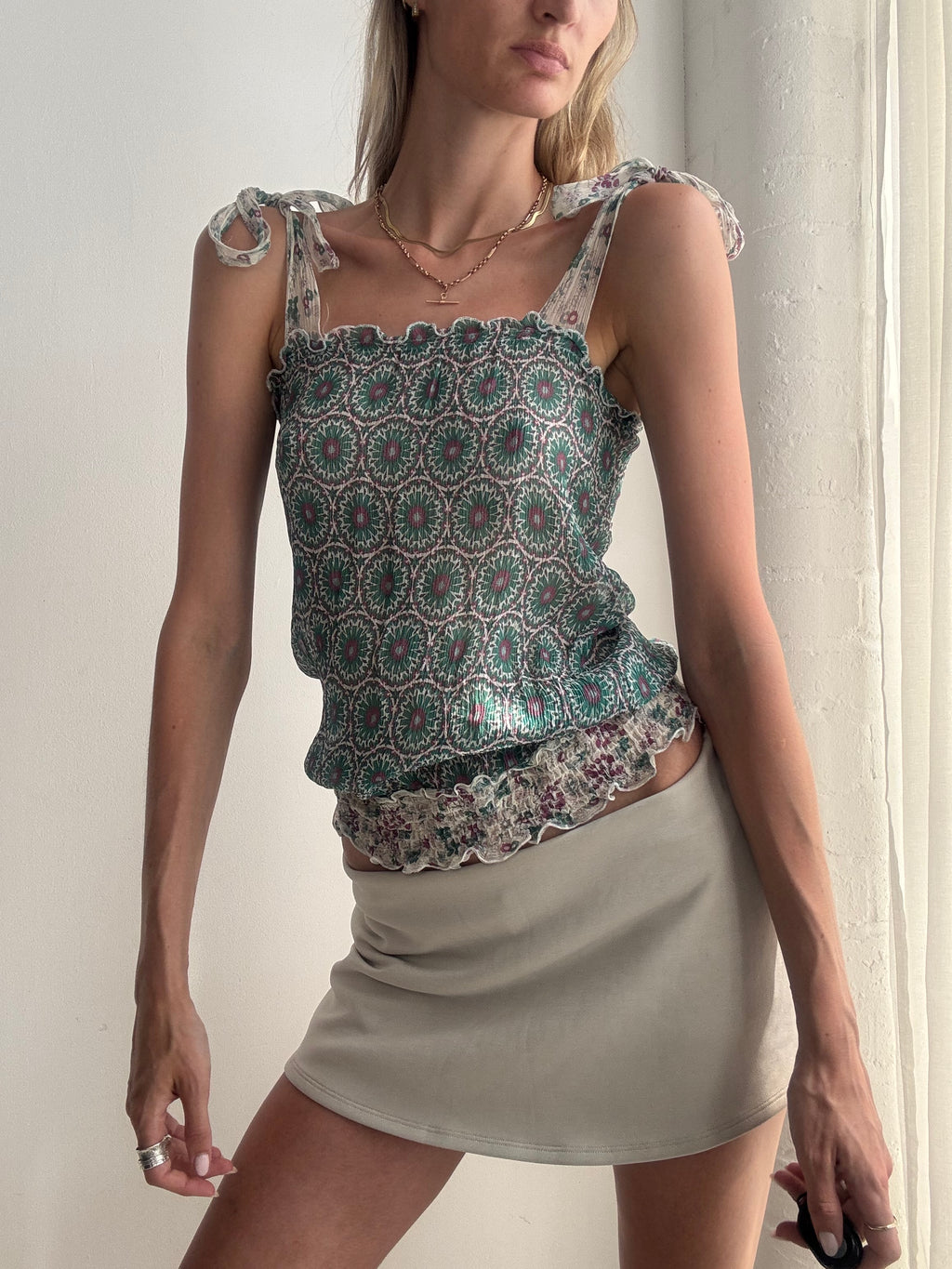 Vintage Y2K Mosaic Print Silk Tie Strap Cami Top - Size S