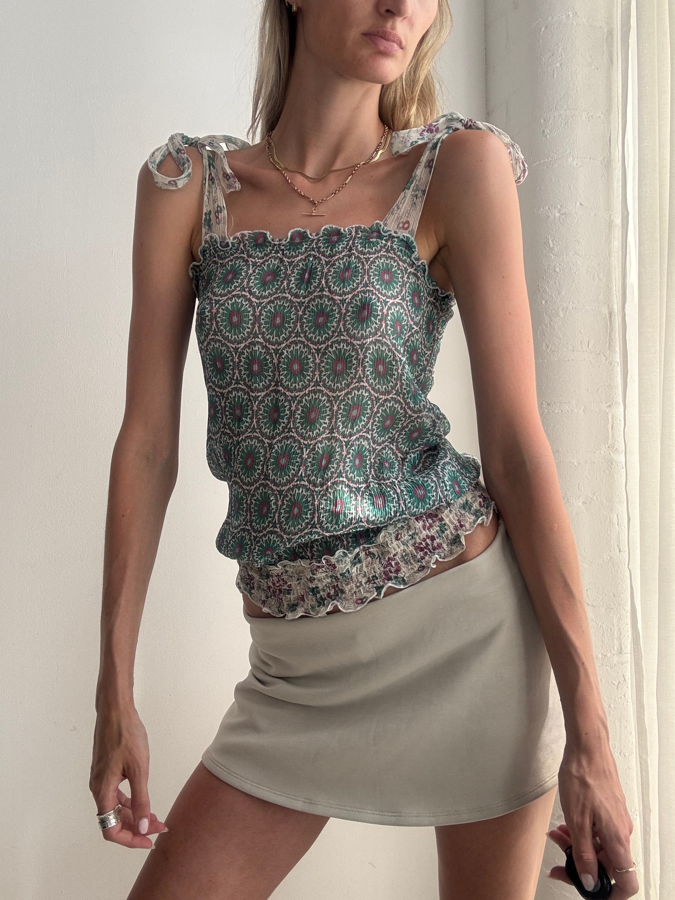 Vintage Y2K Mosaic Print Silk Tie Strap Cami Top - Size S