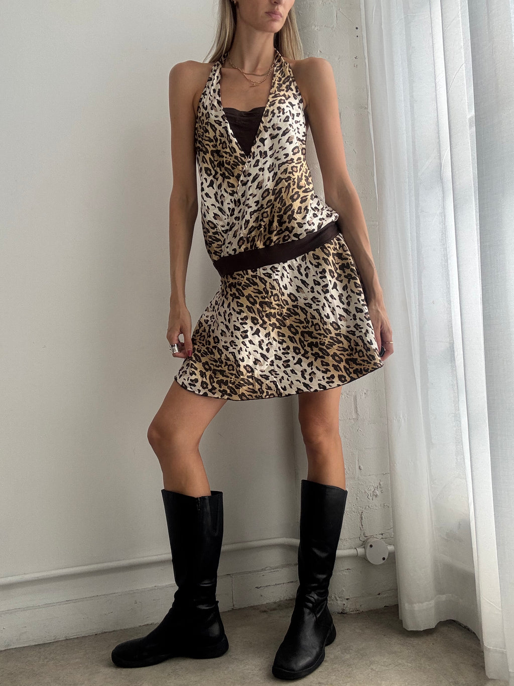 Vintage Y2K Leopard Print Halter Mini Dress - Size M