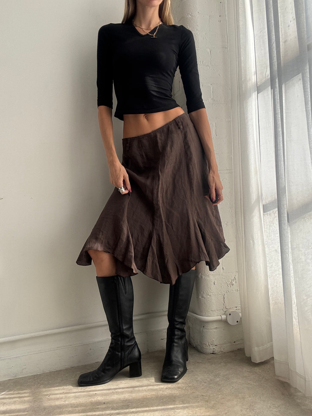 Vintage Y2K Chocolate Brown Asymmetric Midi Skirt - Size M