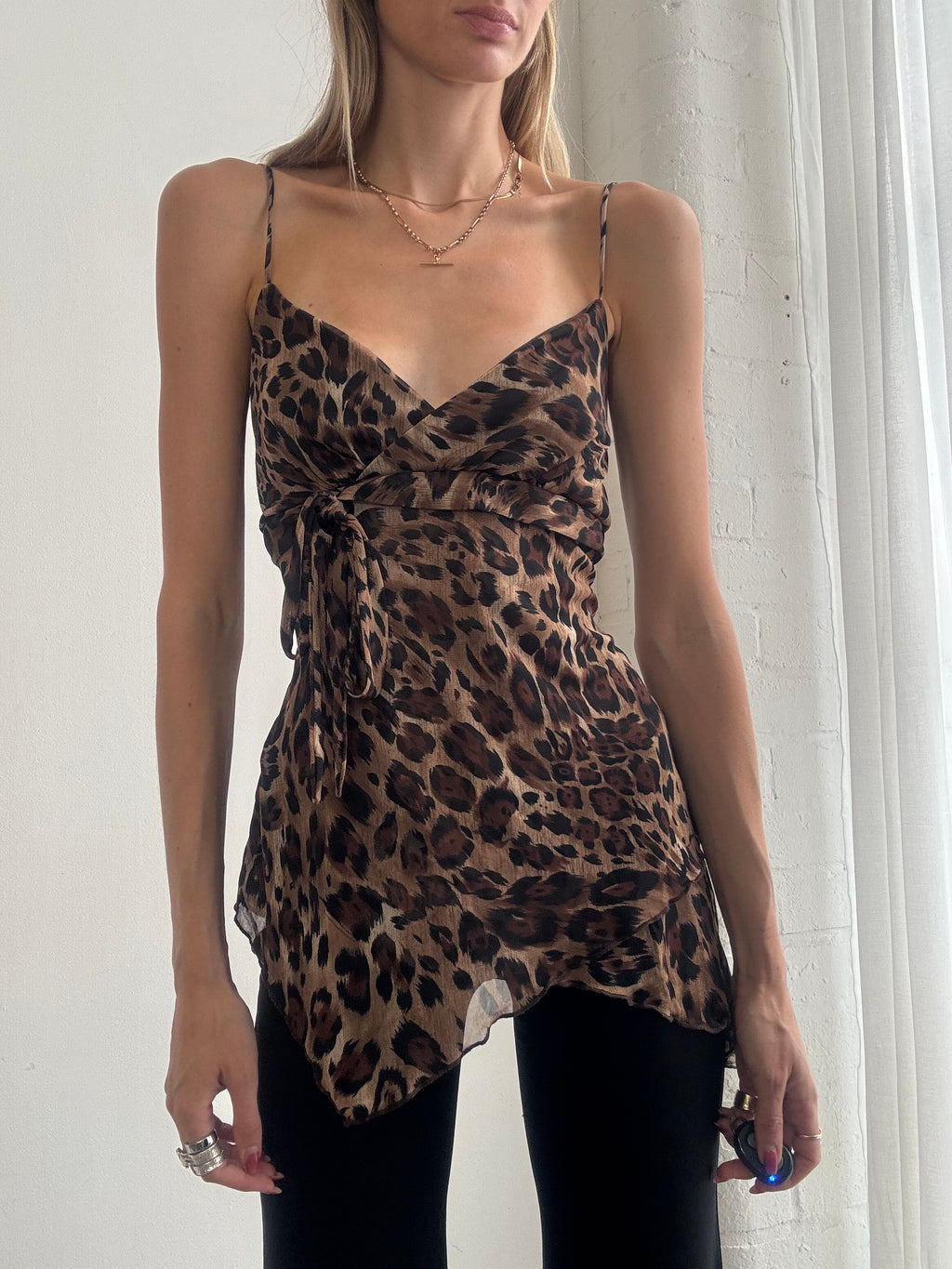 Vintage Y2K Leopard Print Mesh Asymmetric Cami Top - Size L