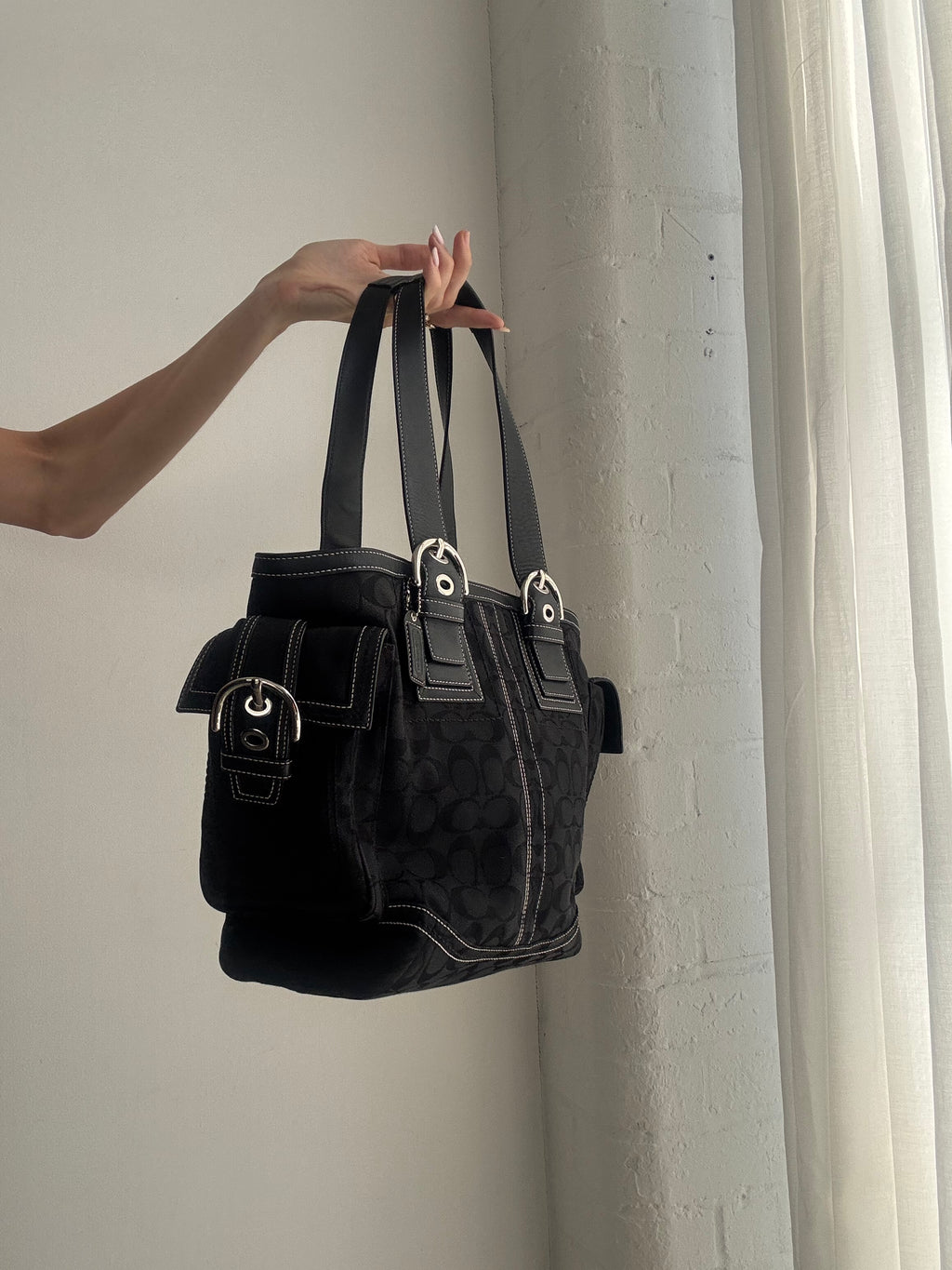 Vintage Y2K Coach Signature Tote Bag – Black Monogram Canvas Shoulder Handbag