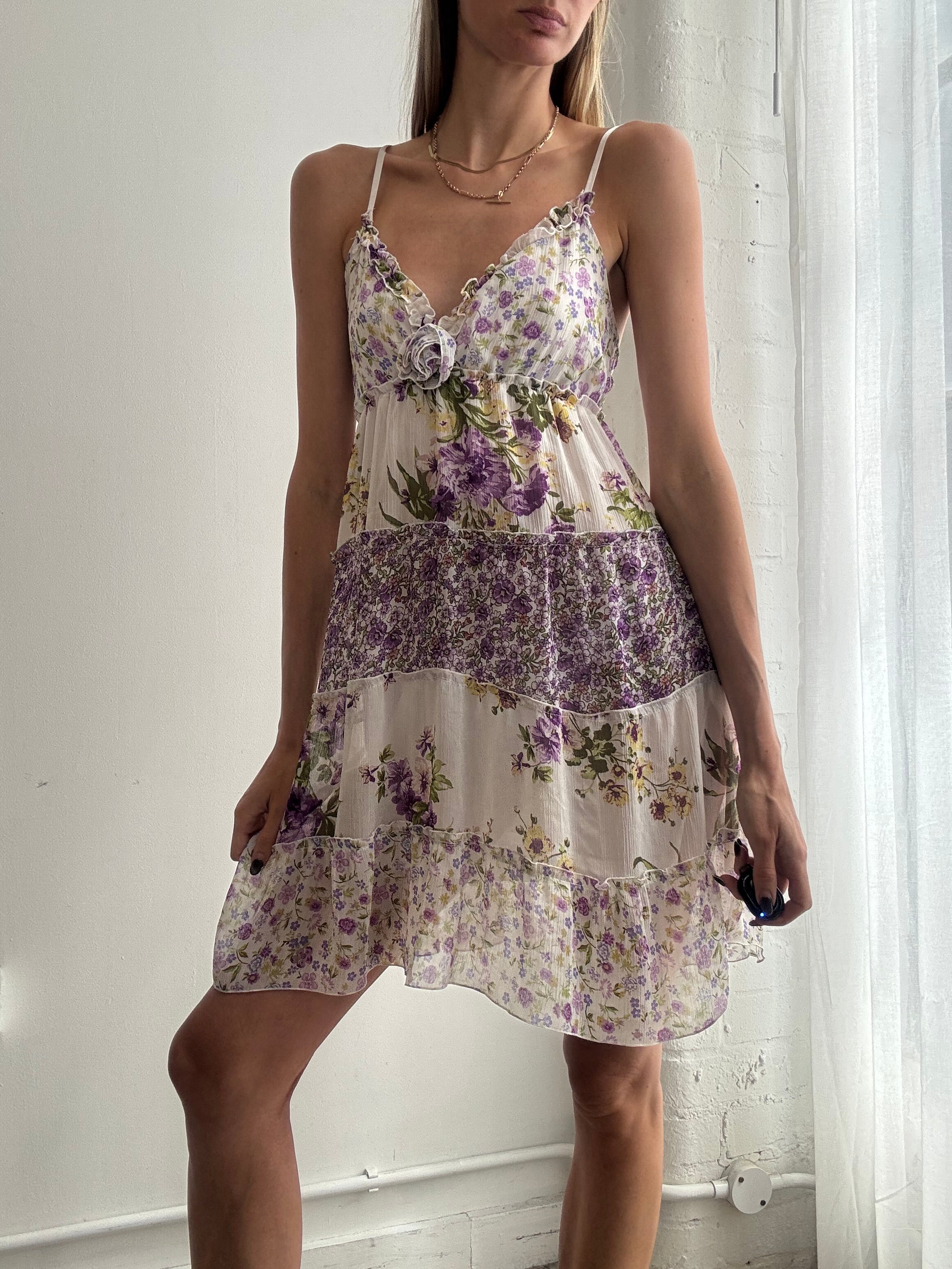 Vintage Y2K lilac floral chiffon babydoll mini dress - Size S