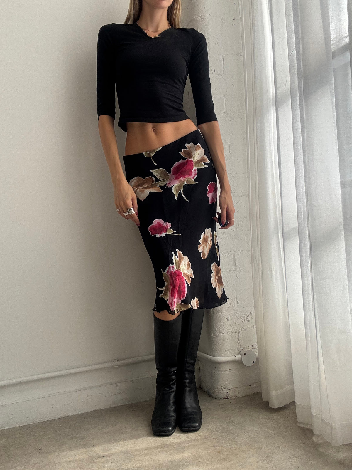 Vintage Y2K Black Floral Mesh Midi Skirt - Size S/M