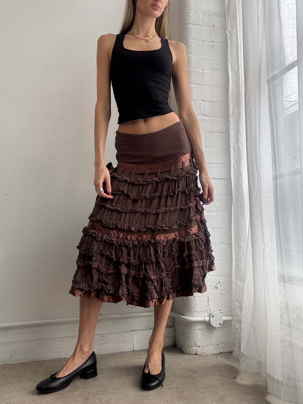 Vintage Y2K brown ruffle midi skirt