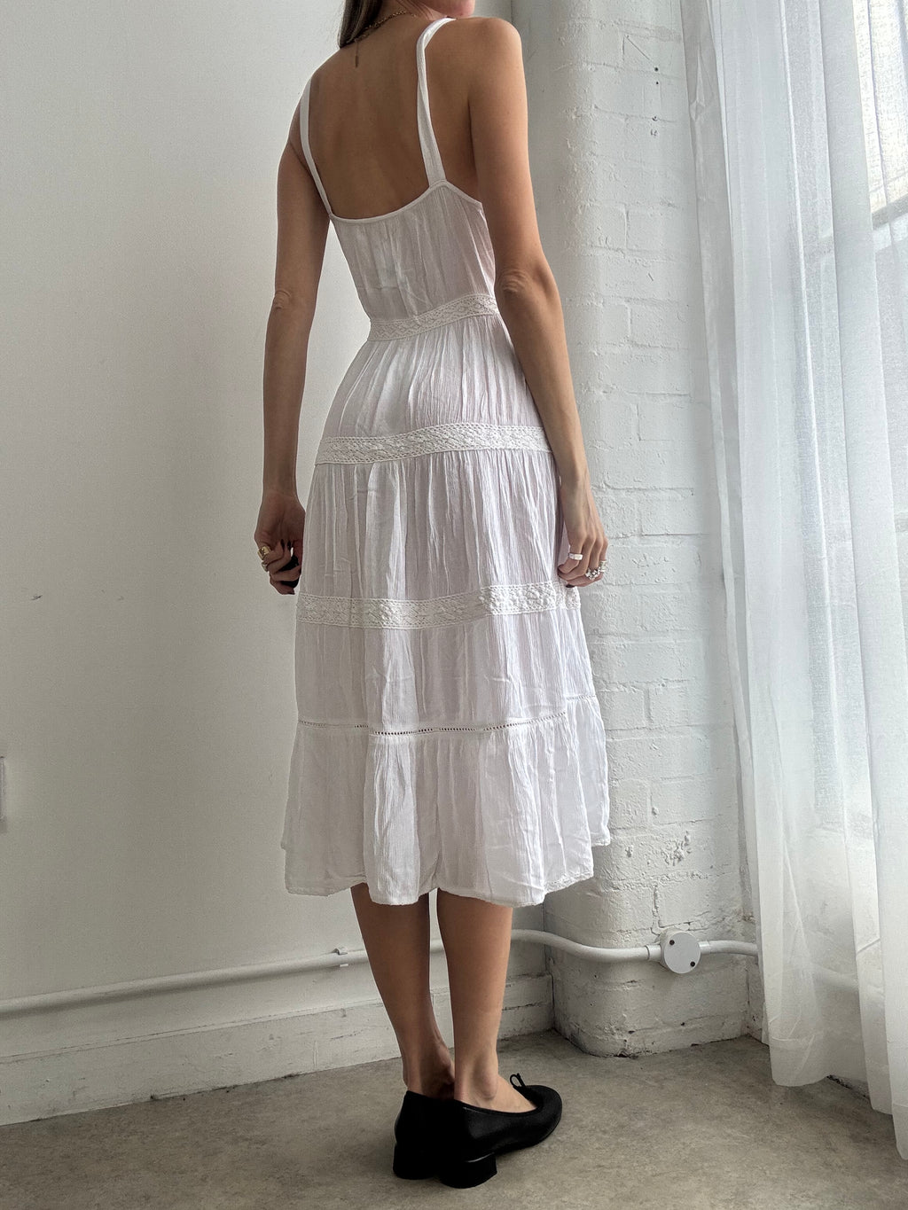 Vintage Y2K white tiered cotton midi dress - Size M