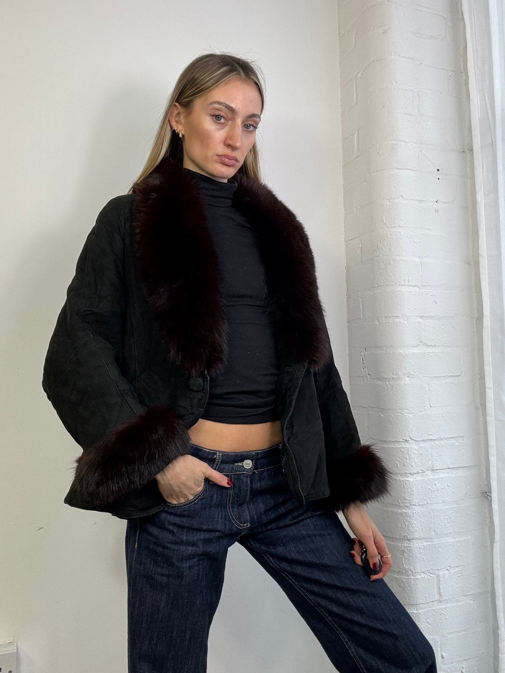 Vintage 90s black suede sheepskin & fox fur trim coat