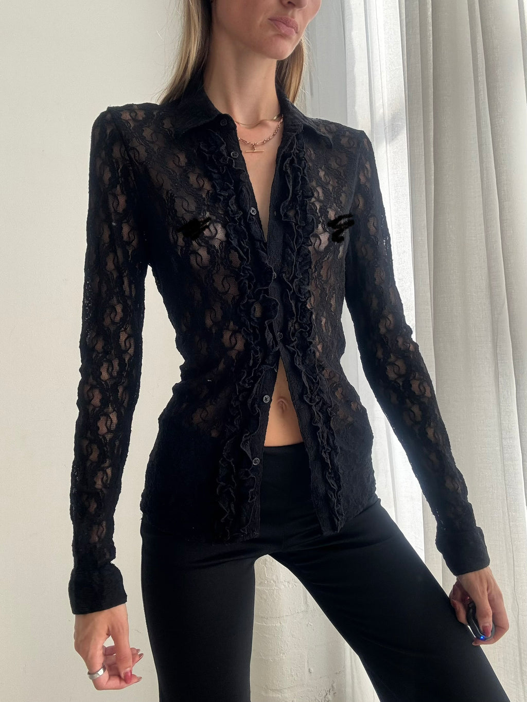 Vintage Y2K Ralph Lauren Black Sheer Lace Button Up Shirt Top - Size S