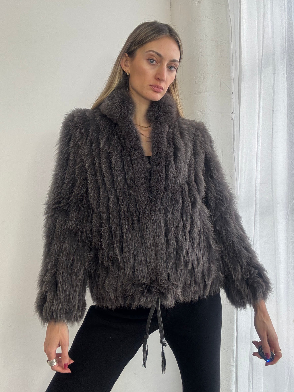 Vintage 90s plush grey fox fur coat