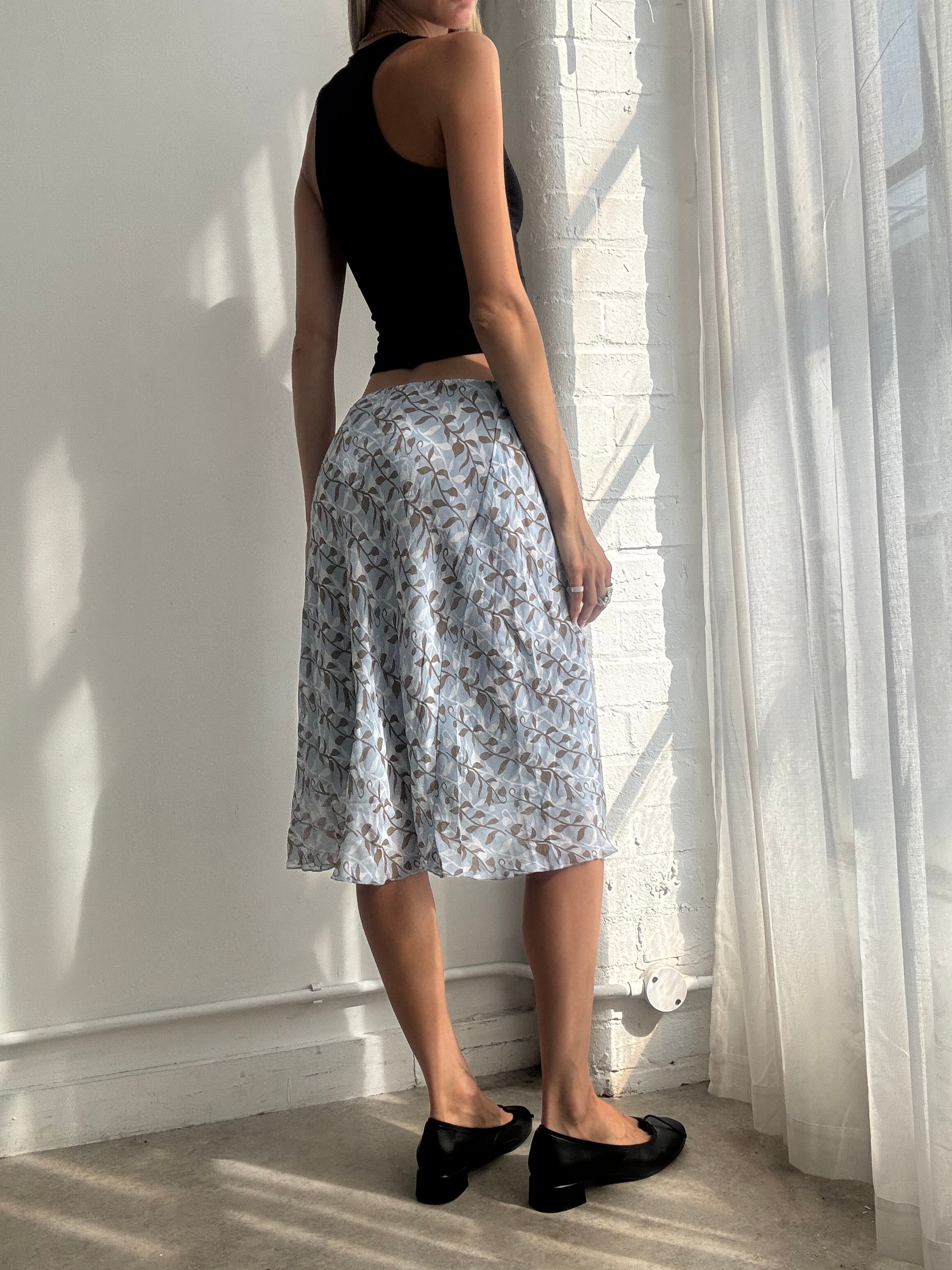 Vintage Y2K Blue Floral Bias Cut Mesh Midi Skirt - Size M/L