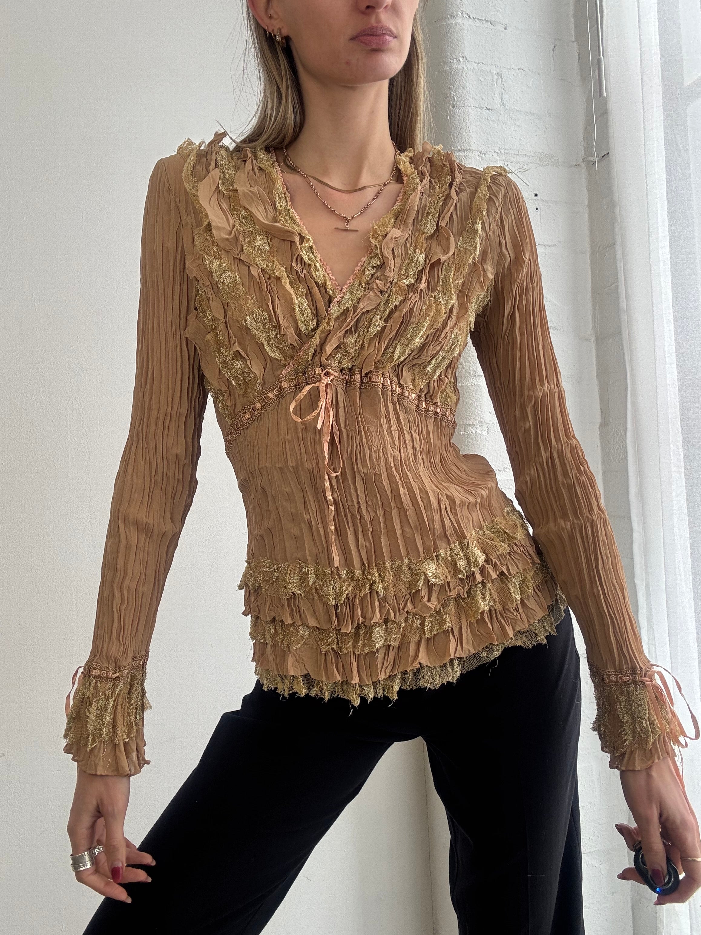 Vintage Y2K brown ruffle lace blouse