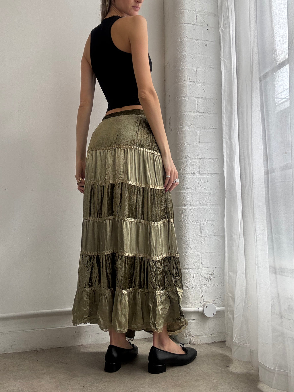 Vintage Y2K tiered olive green satin & velvet maxi skirt