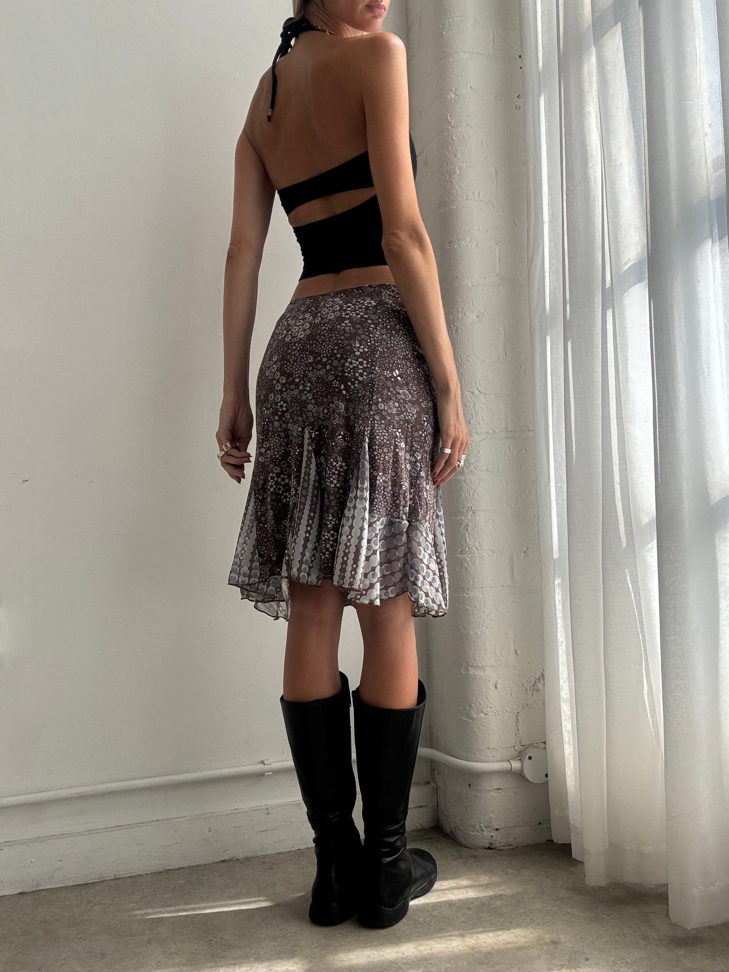 Vintage Y2K Brown Floral Midi Skirt - Size XS/S