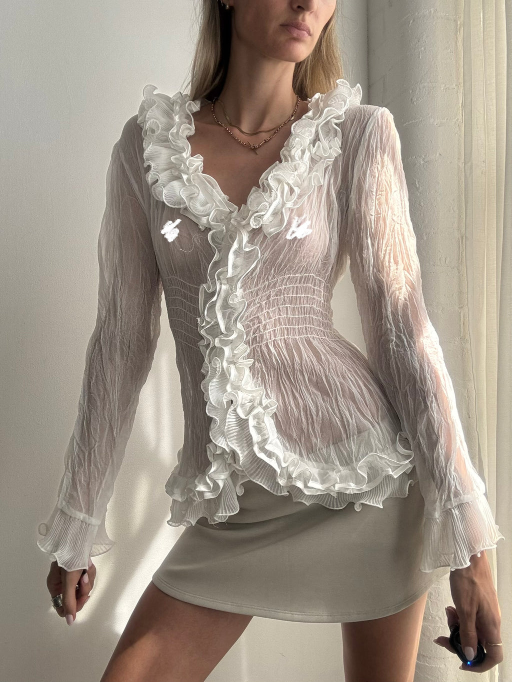 Vintage Y2k Sheer Silk Ruffle Blouse - Size L