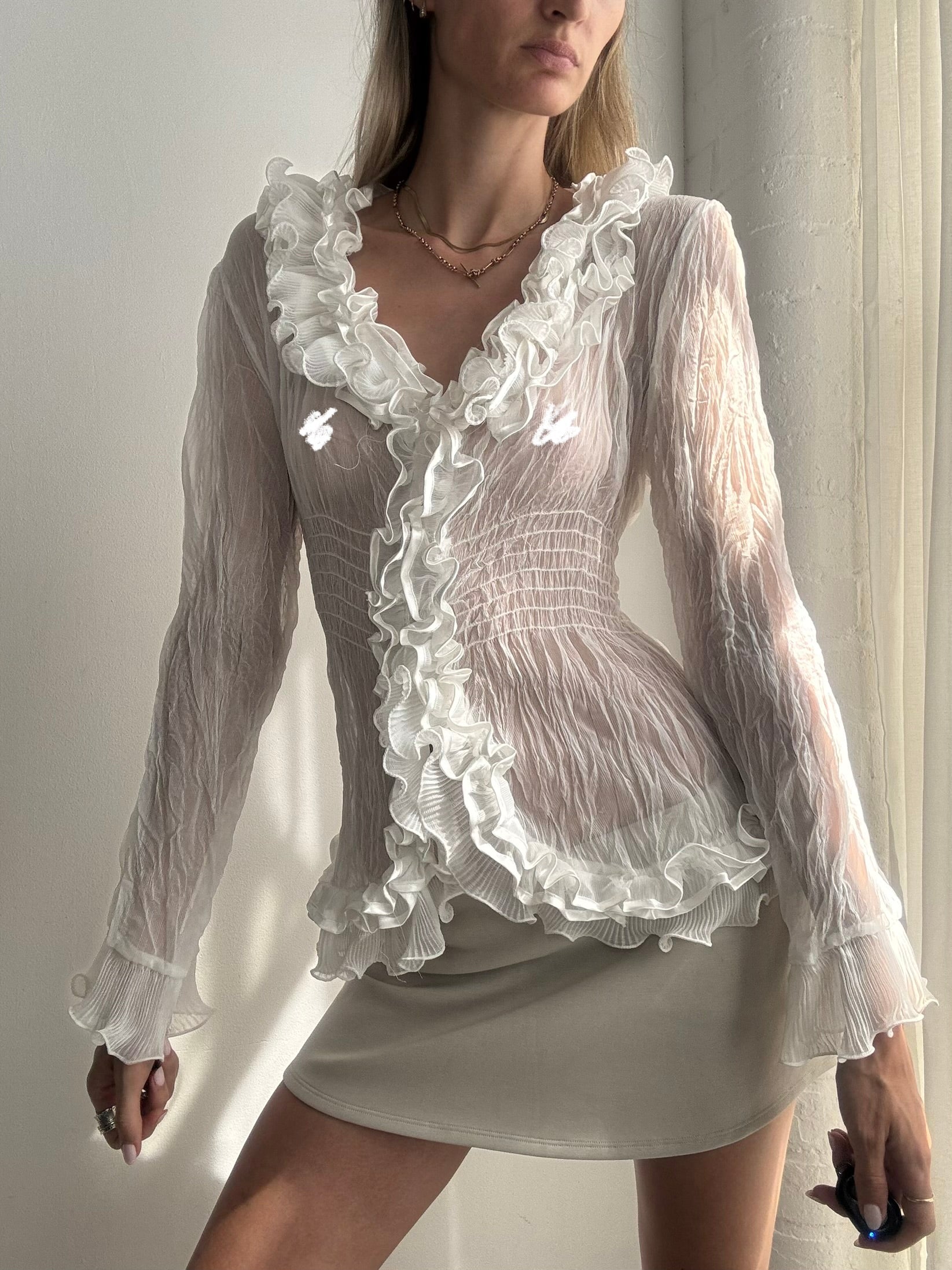 Vintage Y2k Sheer Silk Ruffle Blouse - Size L