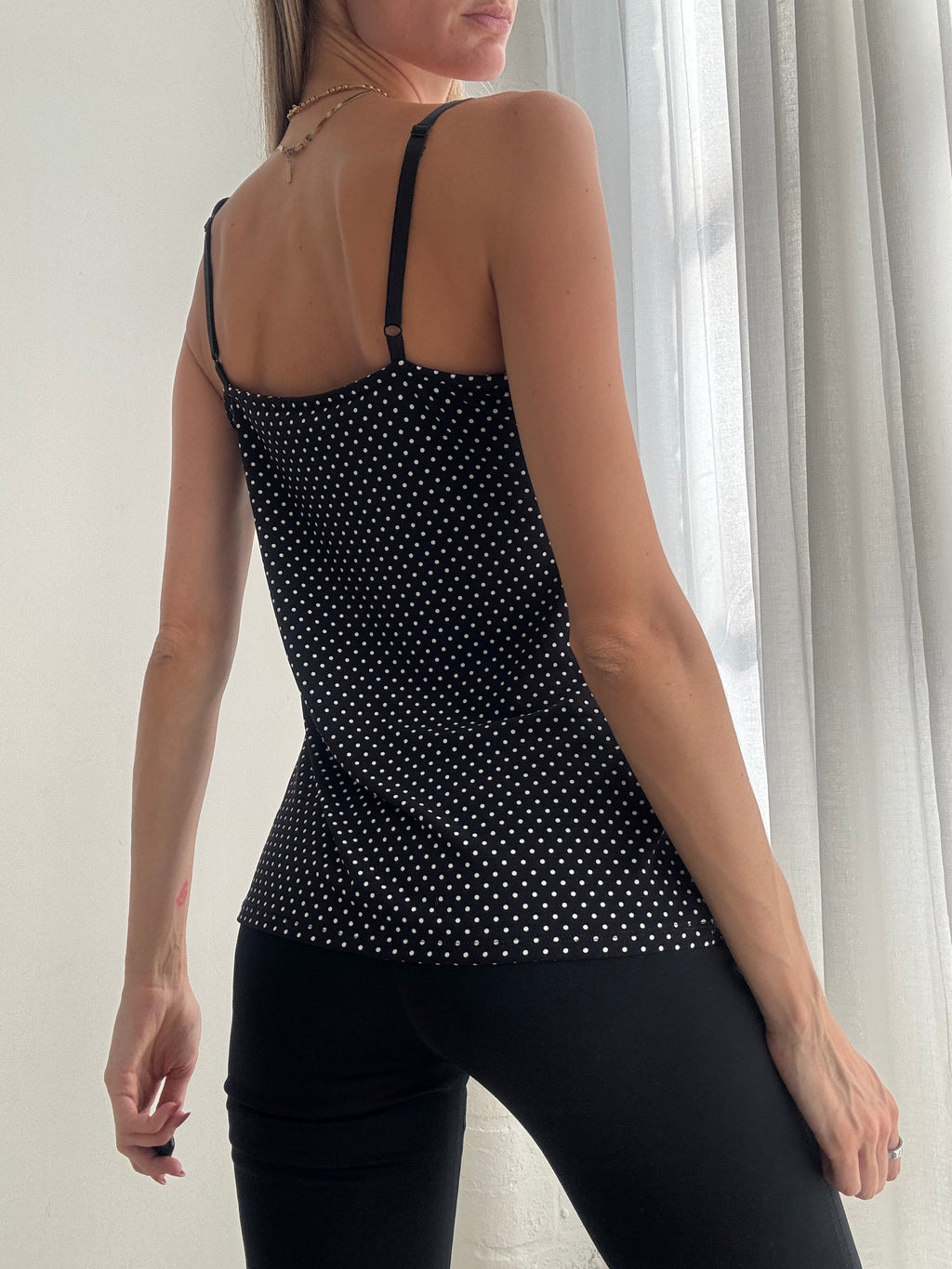 Vintage Y2K Black Polkadot Cami Top Ruffle - Size M