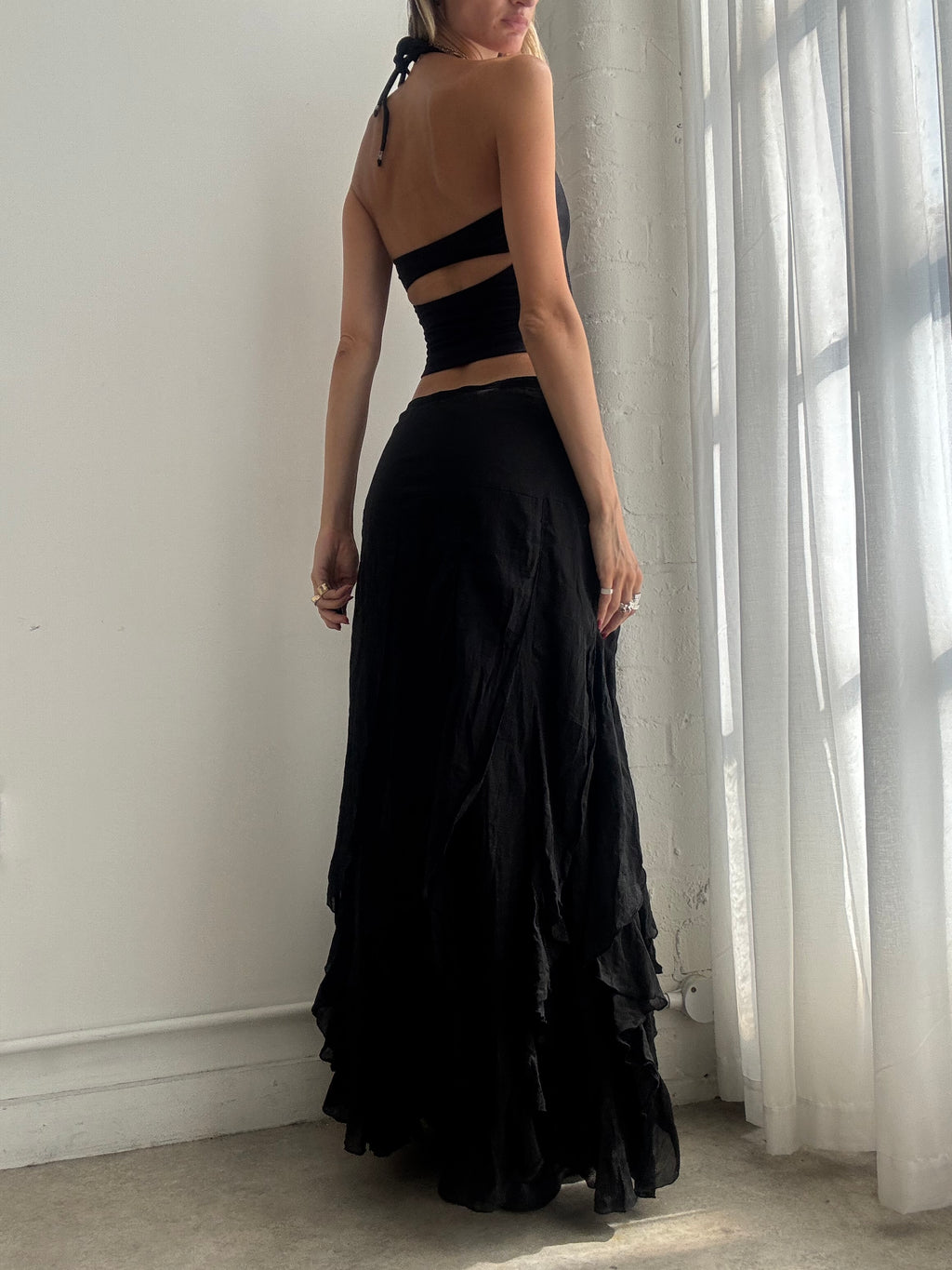 Vintage Y2k Black Ruffle Maxi Skirt - Size S/M