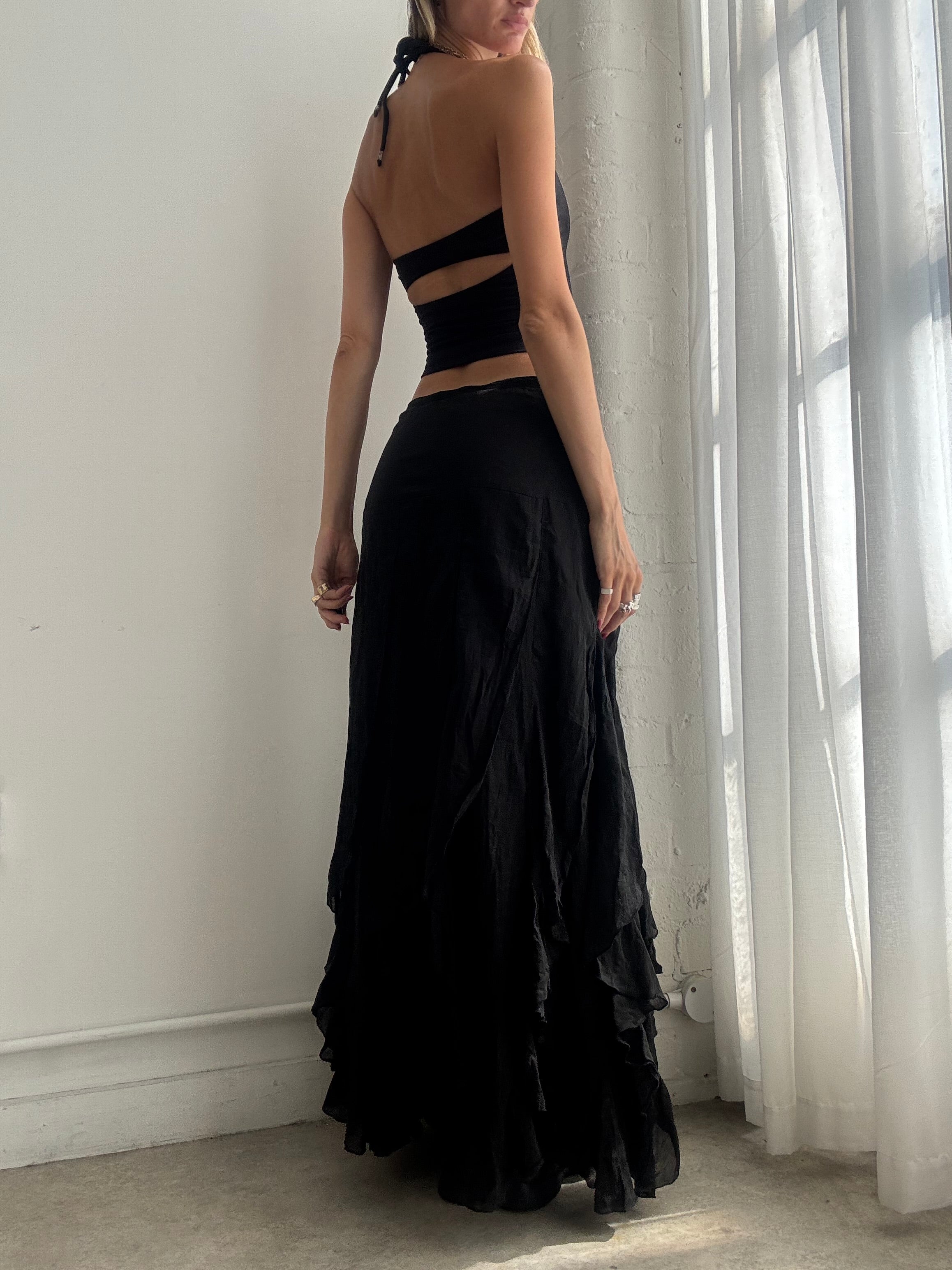 Vintage Y2k Black Ruffle Maxi Skirt - Size S/M