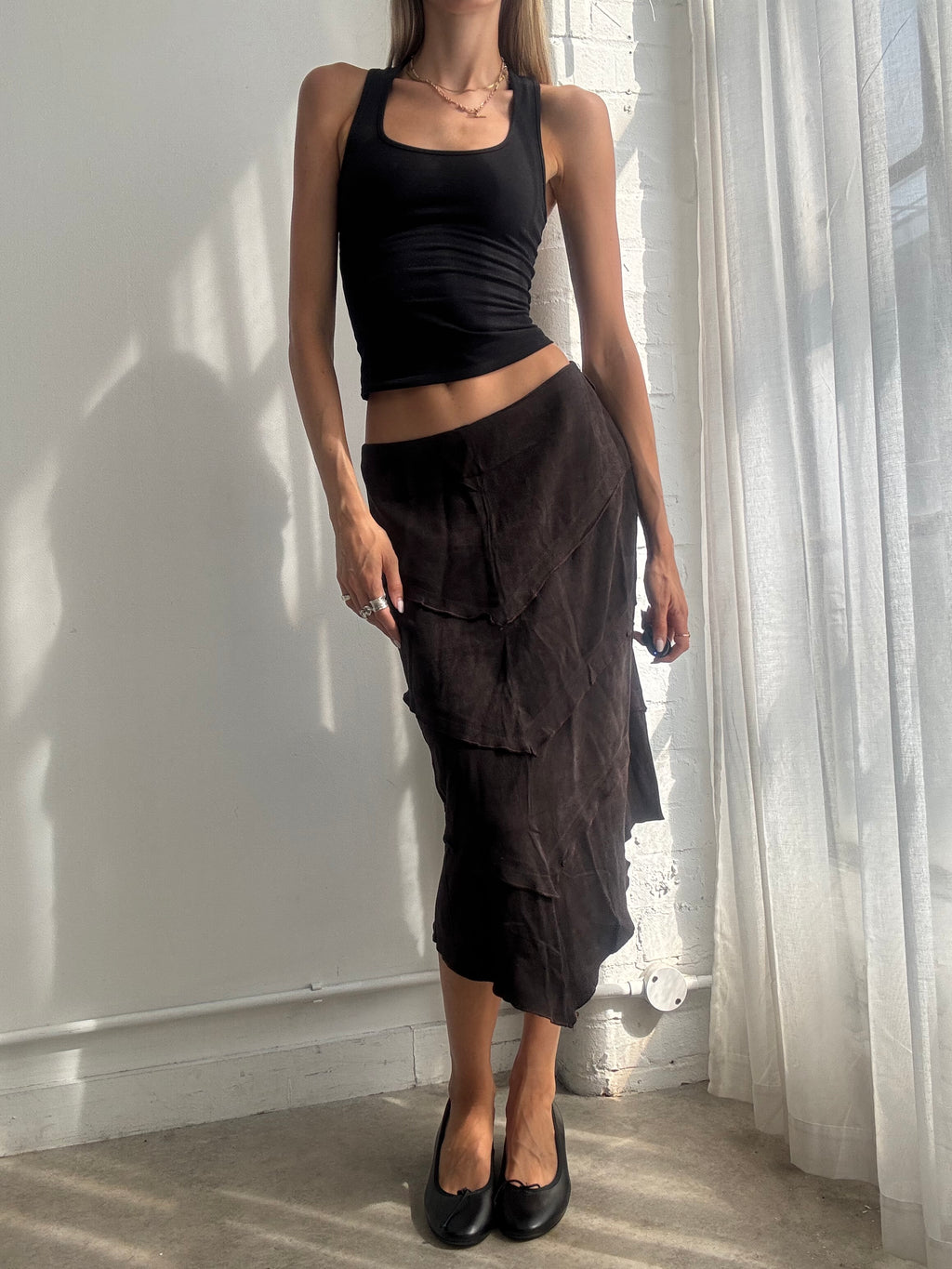 Vintage Y2K Chocolate Brown Faux Suede Ruffle Asymmetric Midi Skirt - Size S