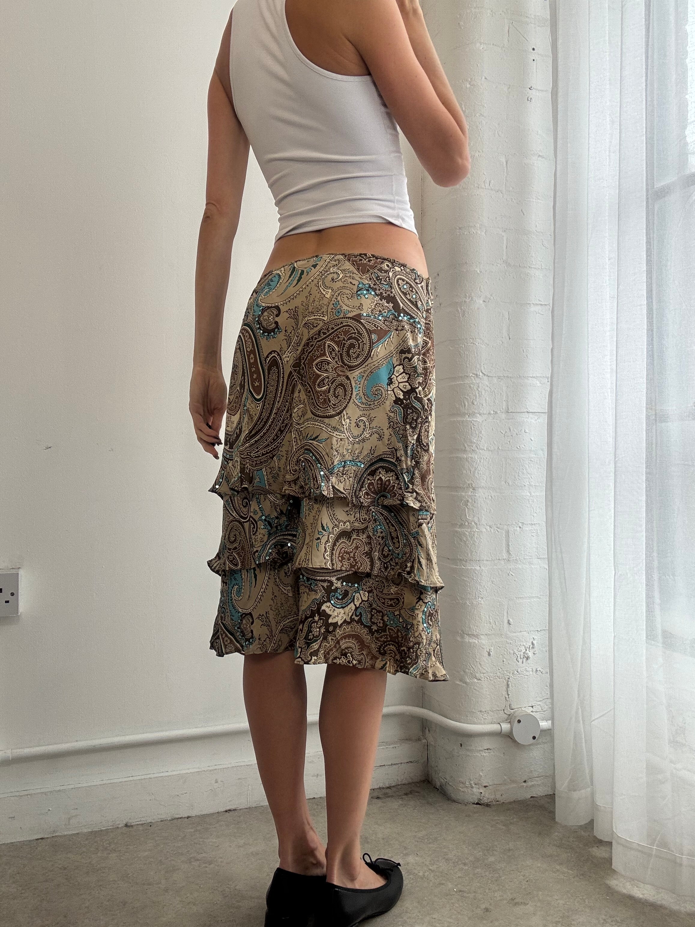 Vintage Y2K silk paisley ruffle midi skirt sequin - Size M