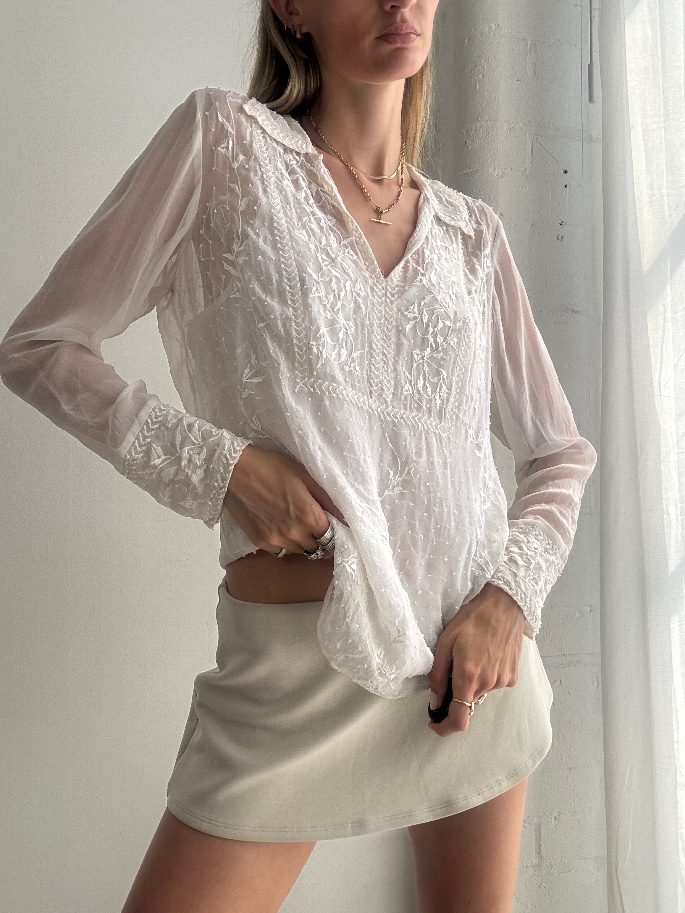 Vintage Y2k White Embroidered Silk Sheer Blouse Boho Fairy - Size M