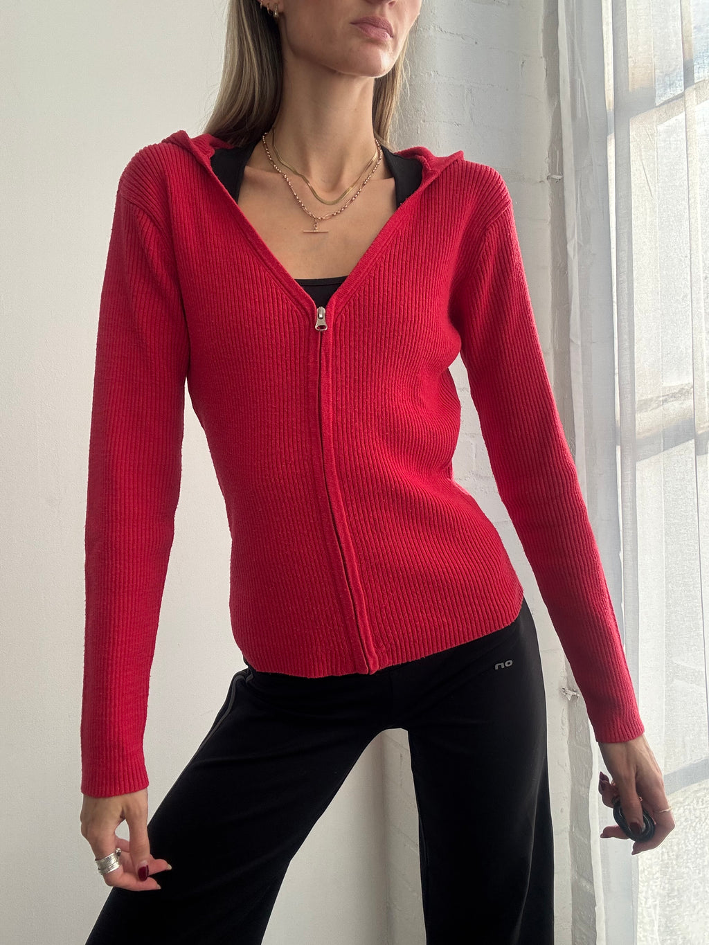Vintage Y2K red ribbed zip up hoodie