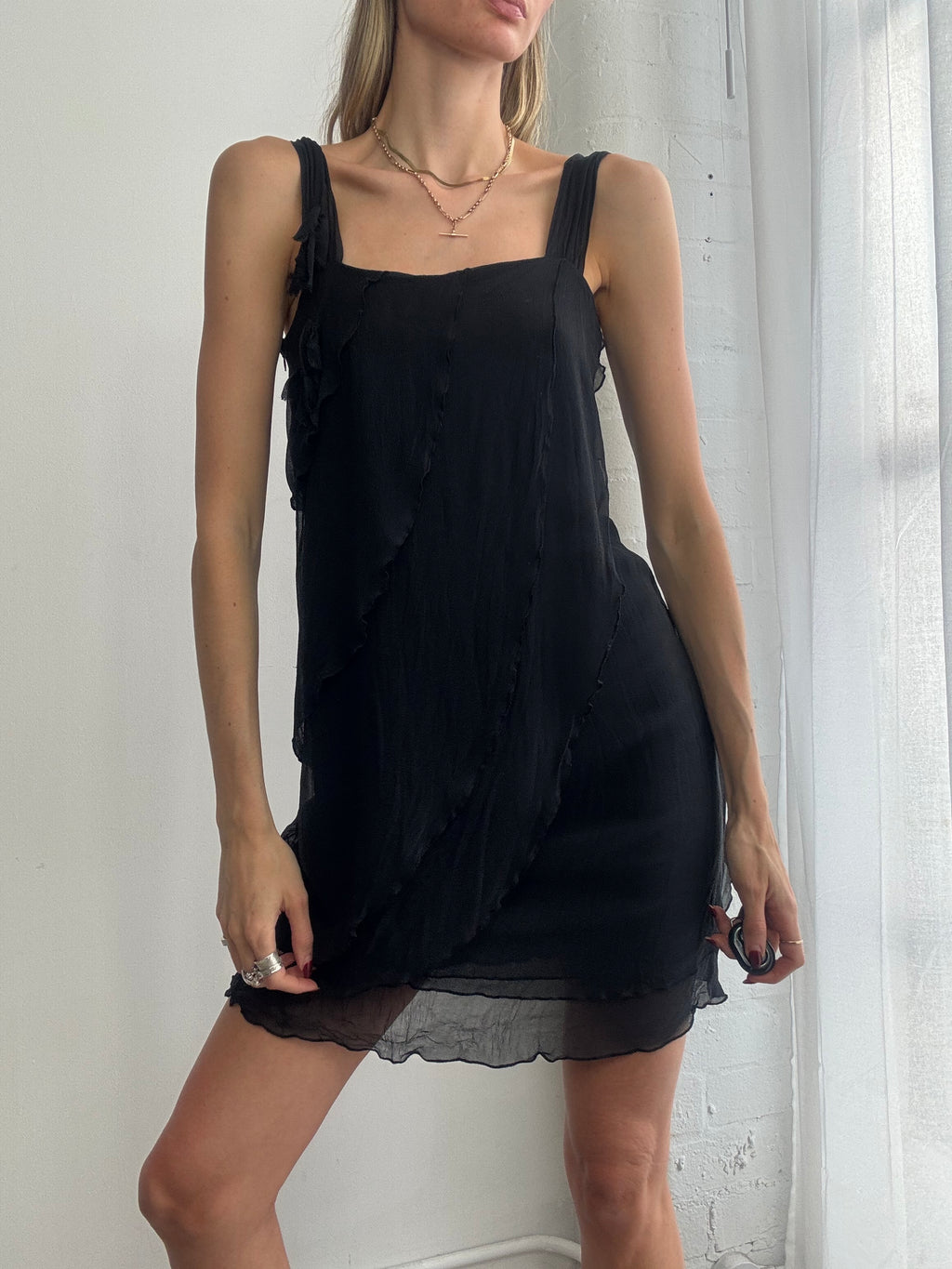 Vintage 90s silk ruffle mini dress black