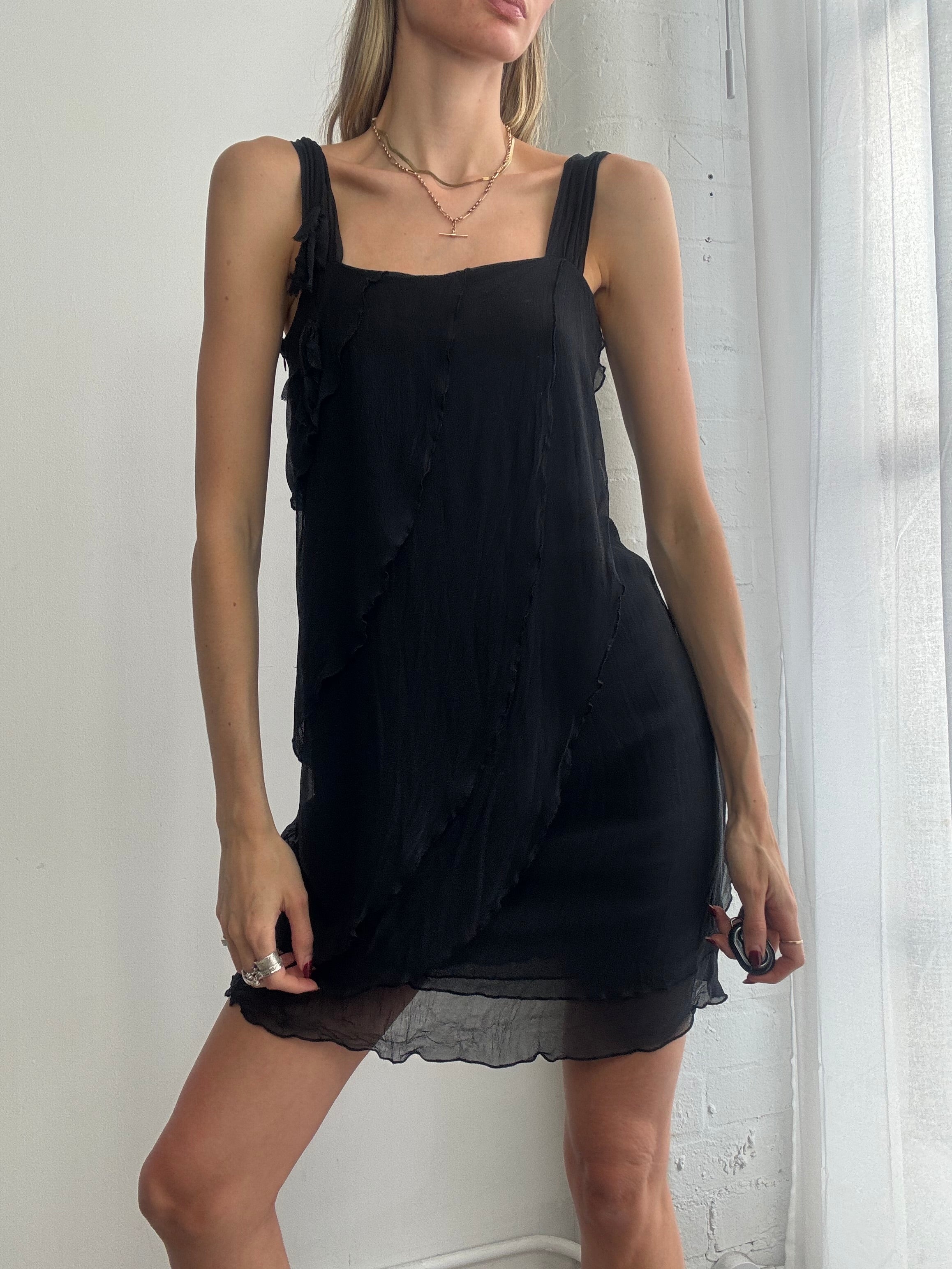 Vintage 90s silk ruffle mini dress black