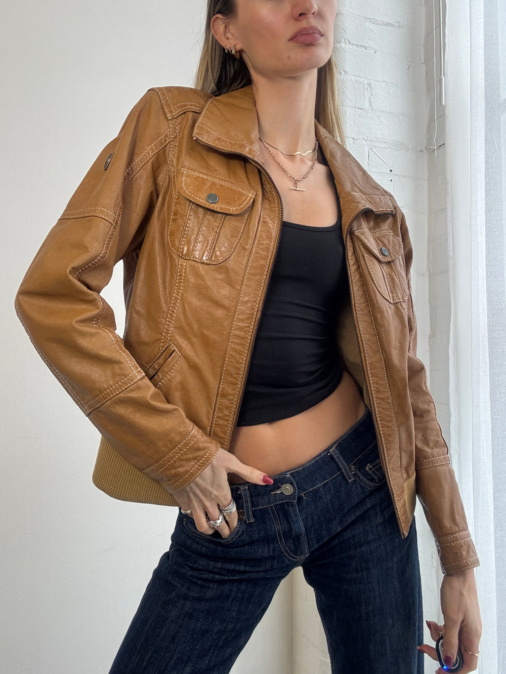 Vintage Y2K tan leather bomber jacket
